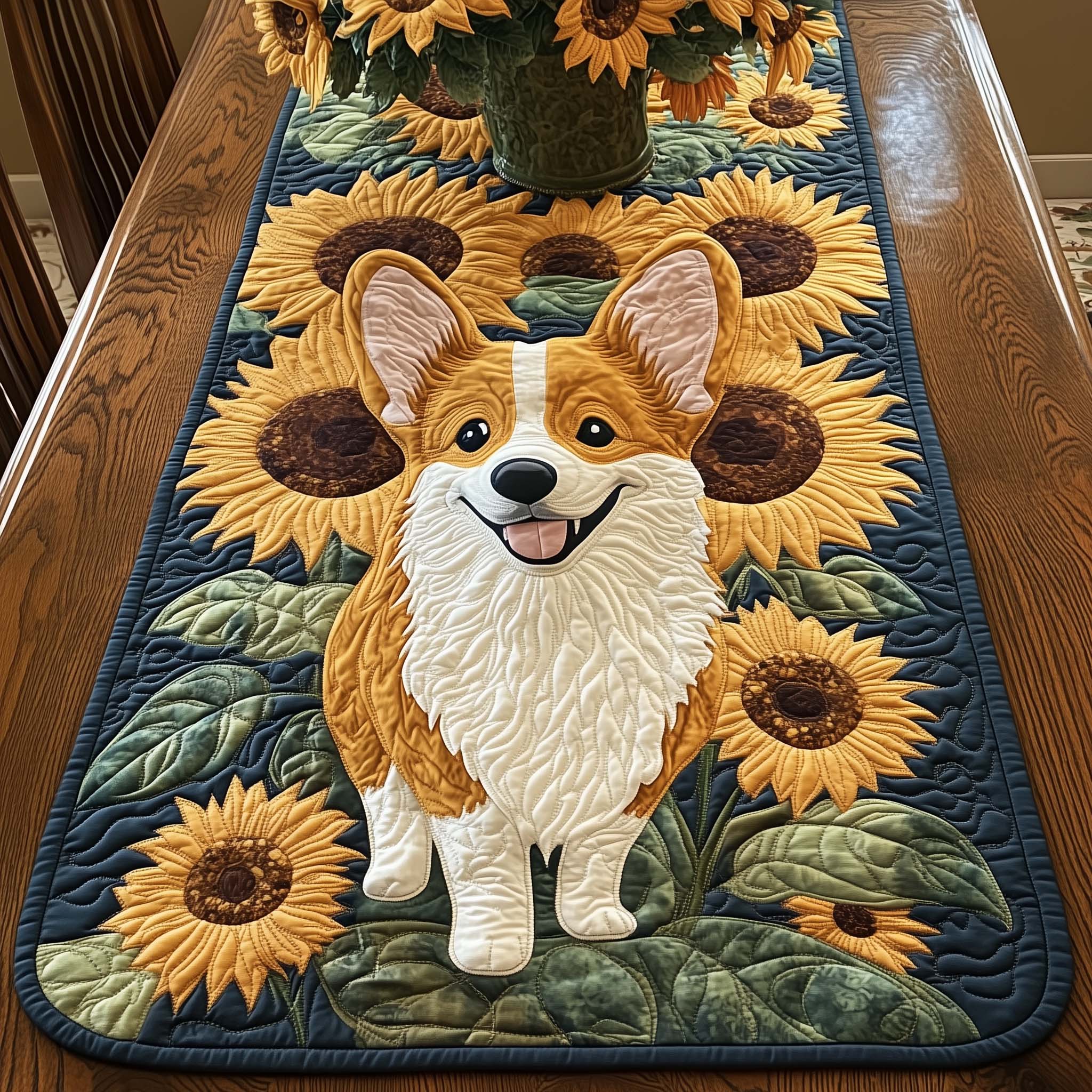Sunflower Corgi Quilted Table Runner, Easter Table Runner, Spring Table Runner, Mother's Day Gifts