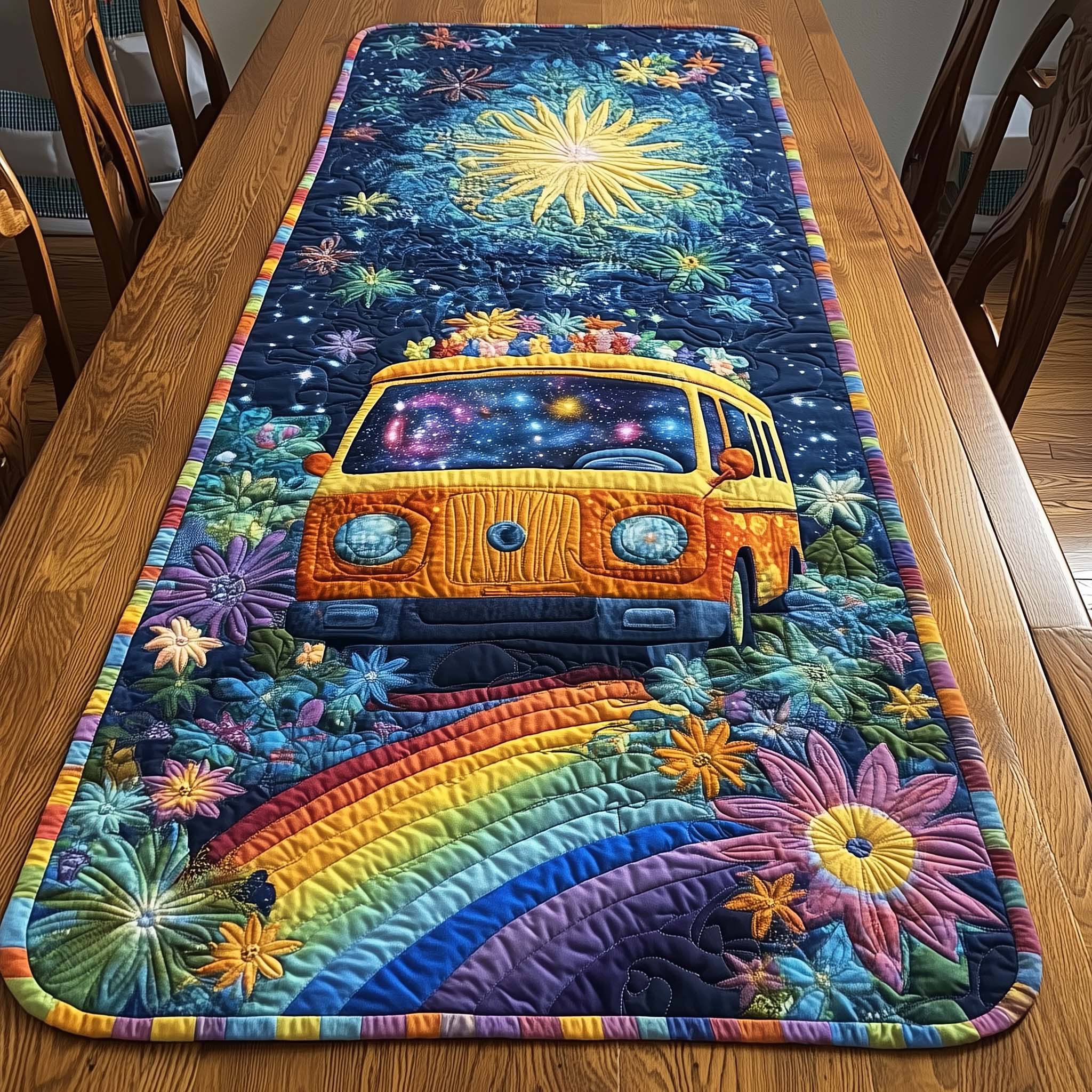 Hippie Van Quilted Table Runner, Easter Table Runner, Spring Table Runner, Mother's Day Gifts