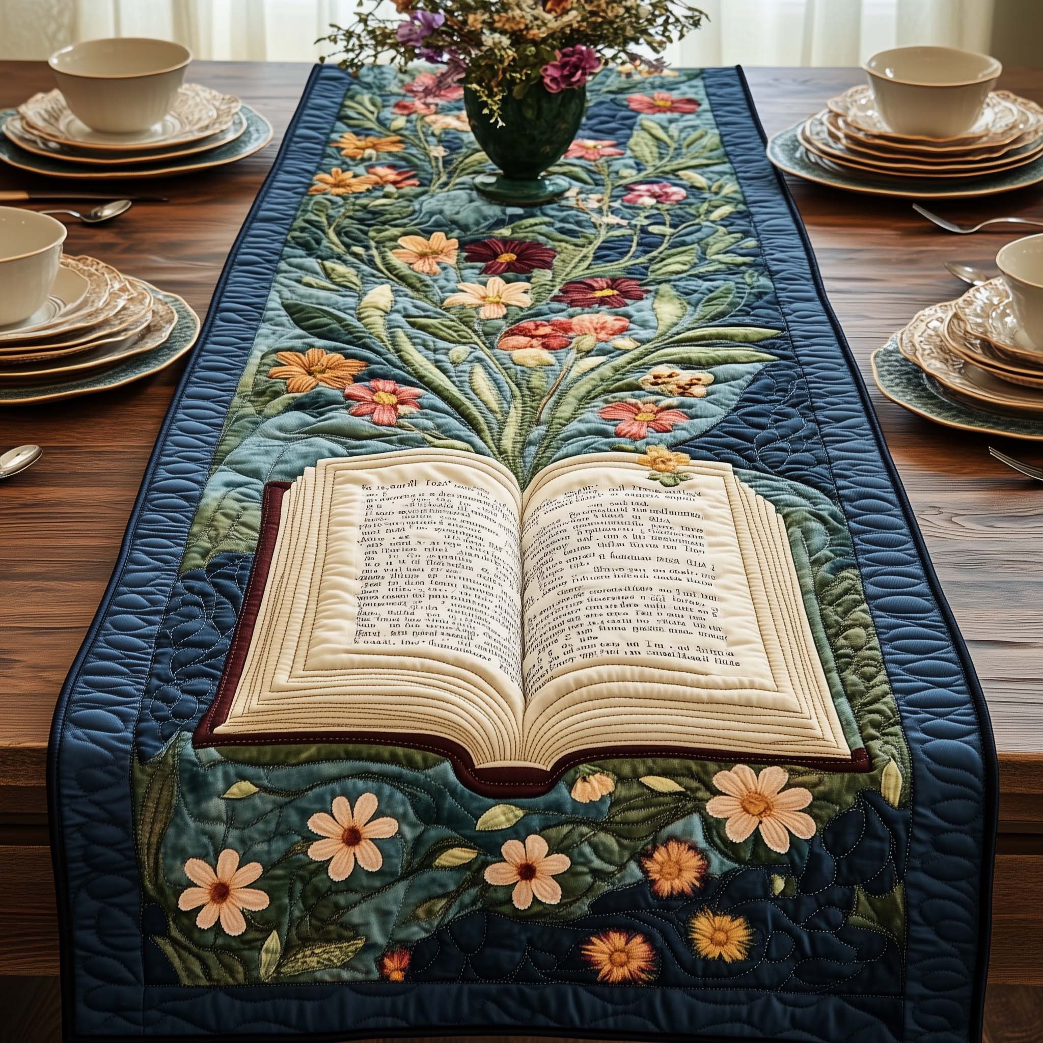 Blooming Pages Quilted Table Runner, Easter Table Runner, Spring Table Runner, Mother's Day Gifts