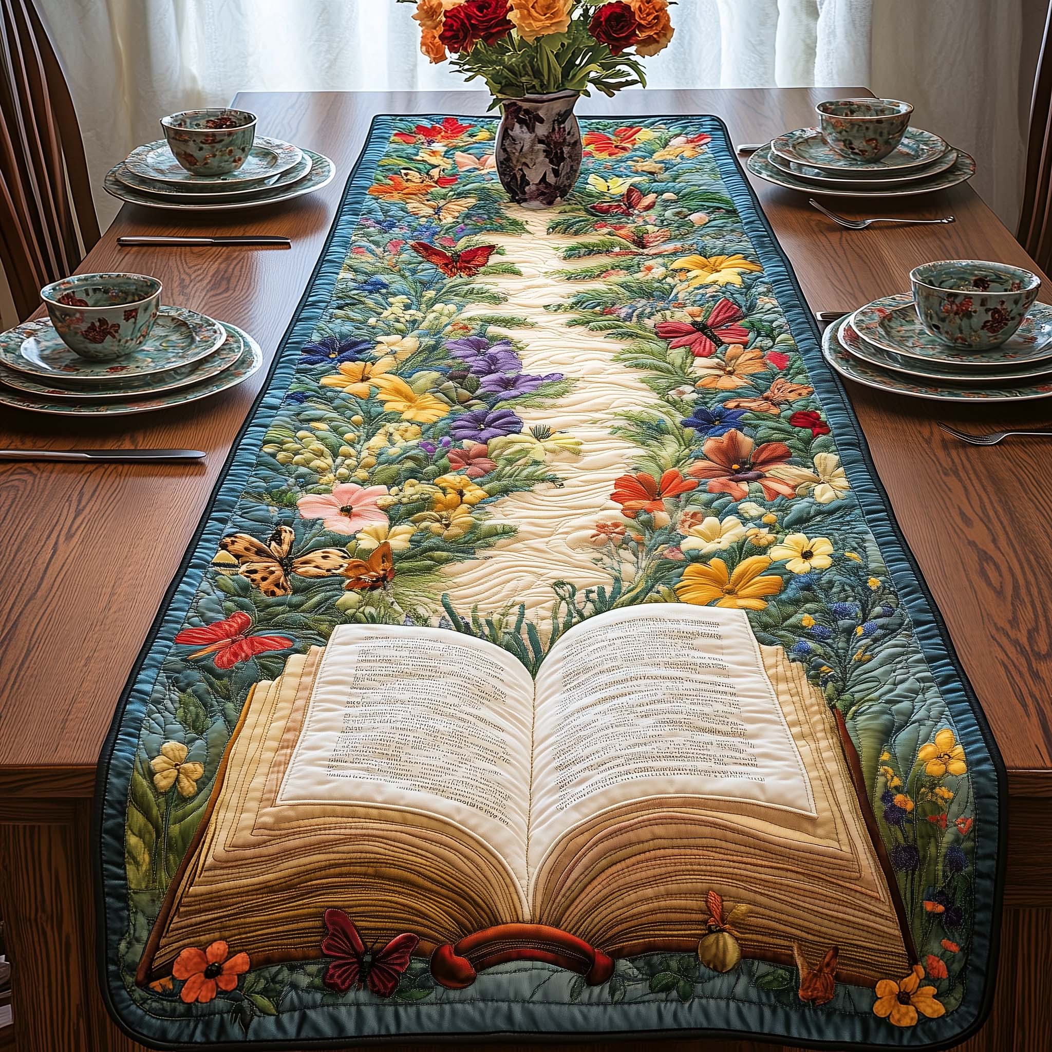 Story Garden Quilted Table Runner, Easter Table Runner, Spring Table Runner, Mother's Day Gifts