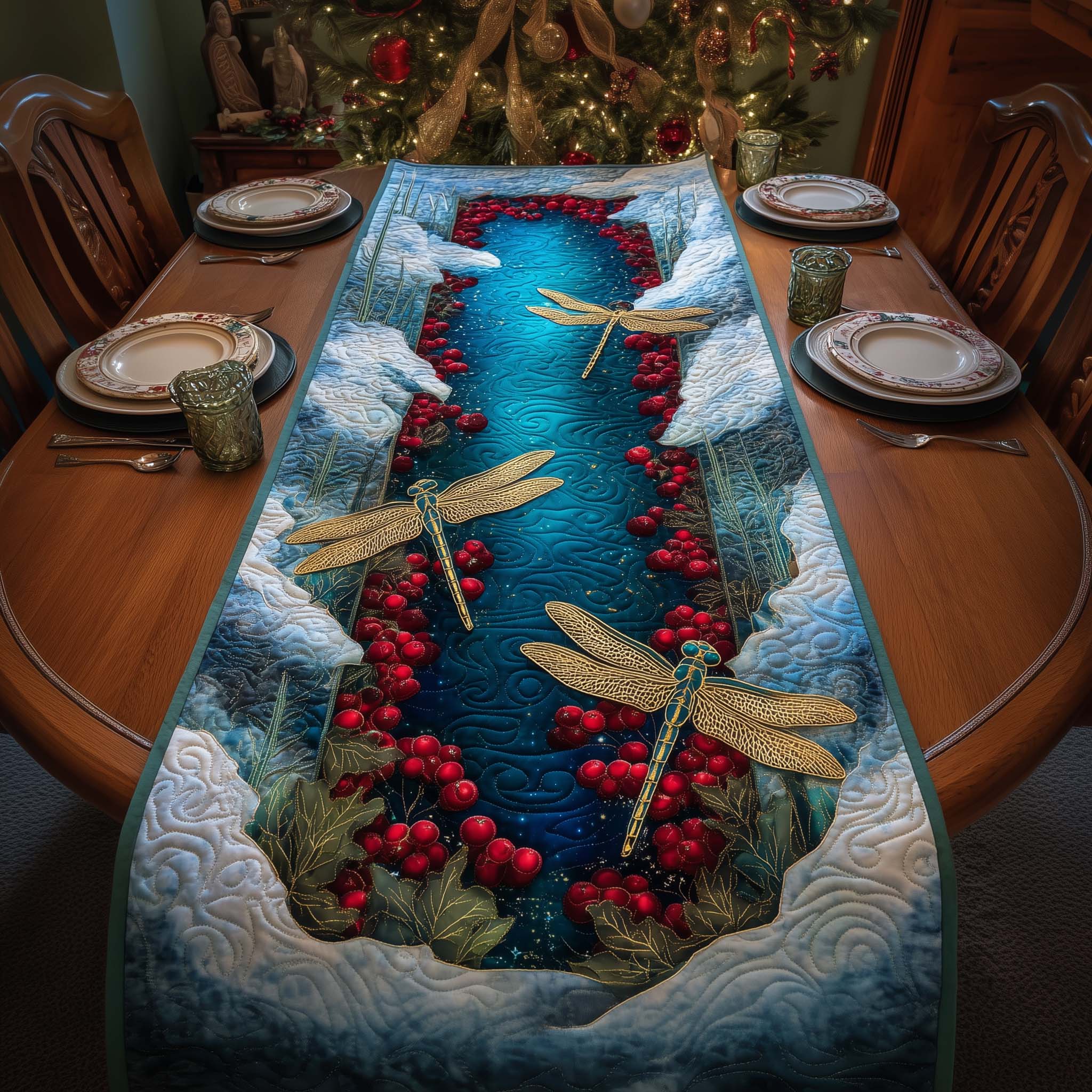 Winter Dragonfly Quilted Table Runner, Easter Table Runner, Spring Table Runner, Mother's Day Gifts