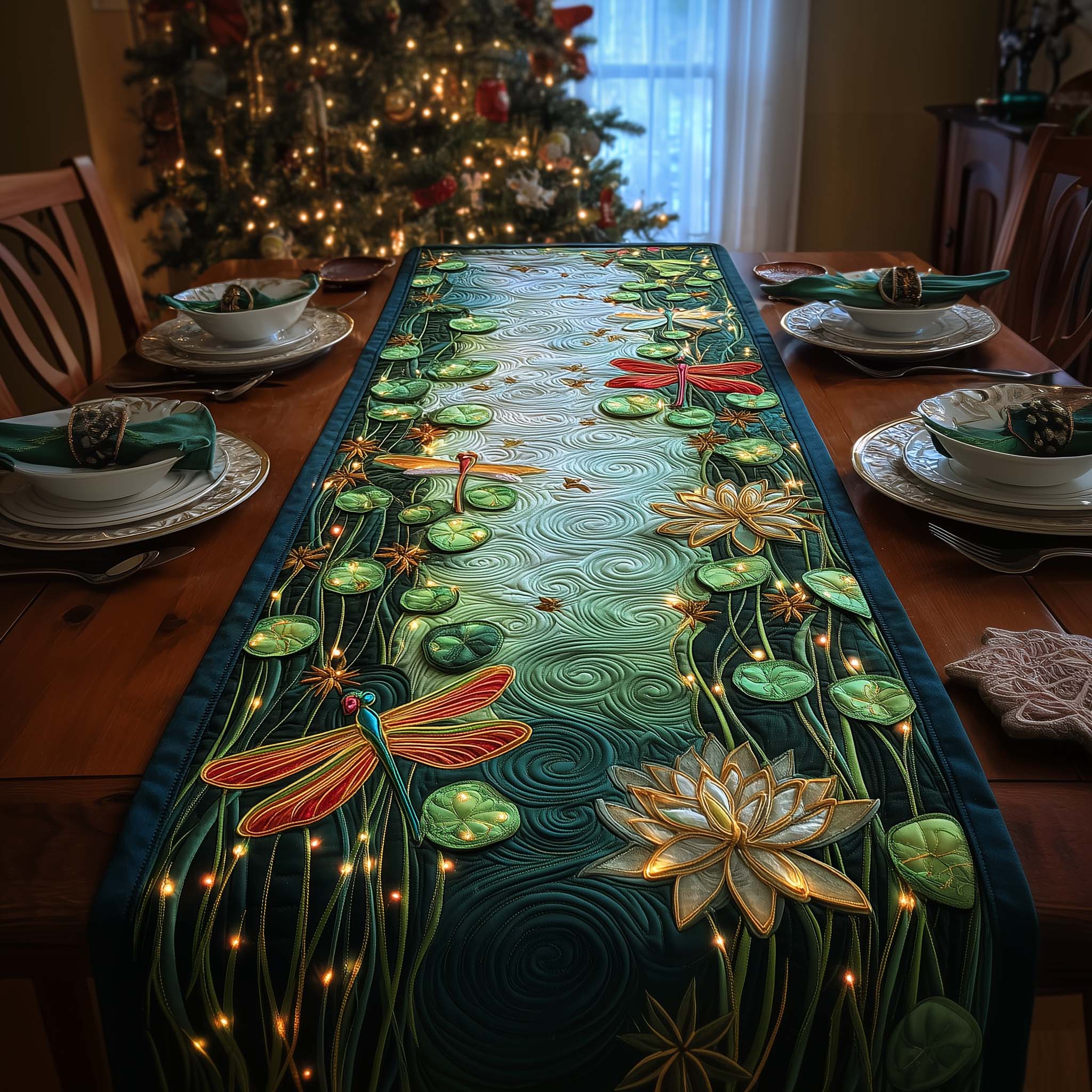Lotus Dragonfly Quilted Table Runner, Easter Table Runner, Spring Table Runner, Mother's Day Gifts