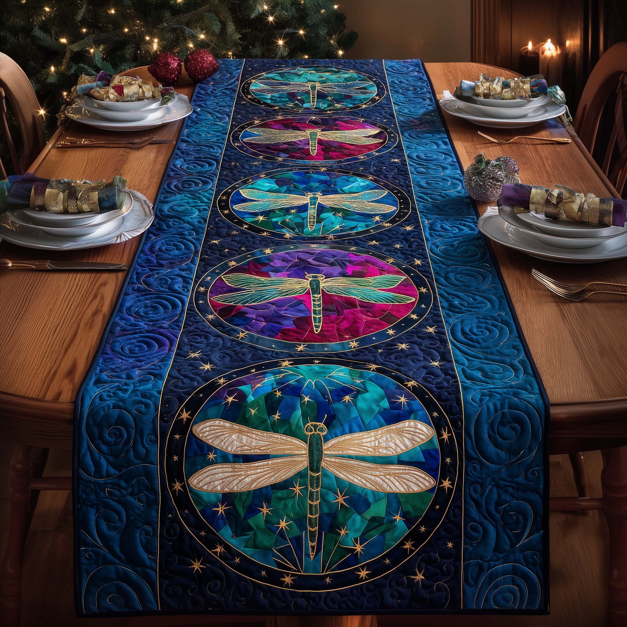 Cosmic Dragonfly Quilted Table Runner, Easter Table Runner, Spring Table Runner, Mother's Day Gifts