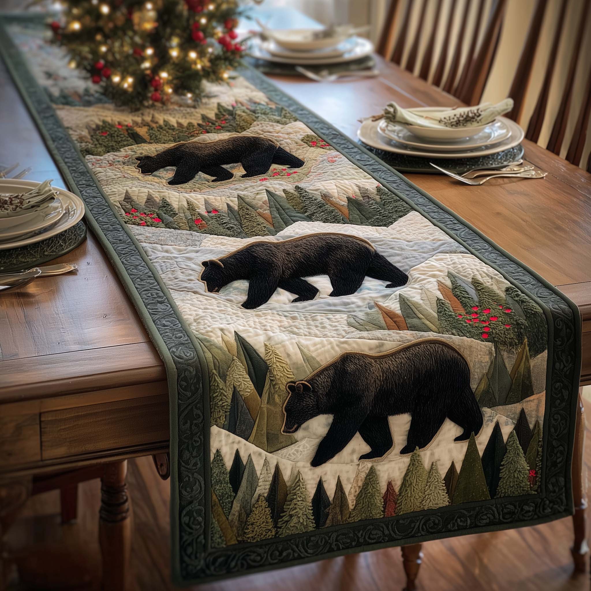 Forest Bear Quilted Table Runner, Easter Table Runner, Spring Table Runner, Mother's Day Gifts