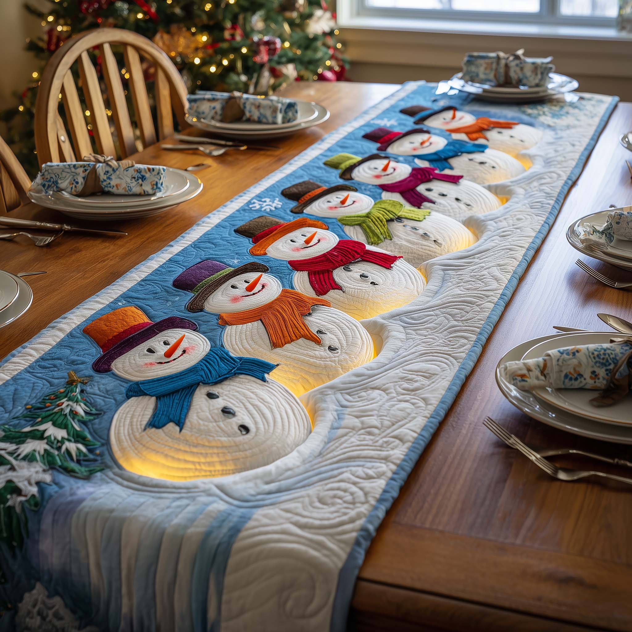 Glowing Snowmen Quilted Table Runner, Easter Table Runner, Spring Table Runner, Mother's Day Gifts