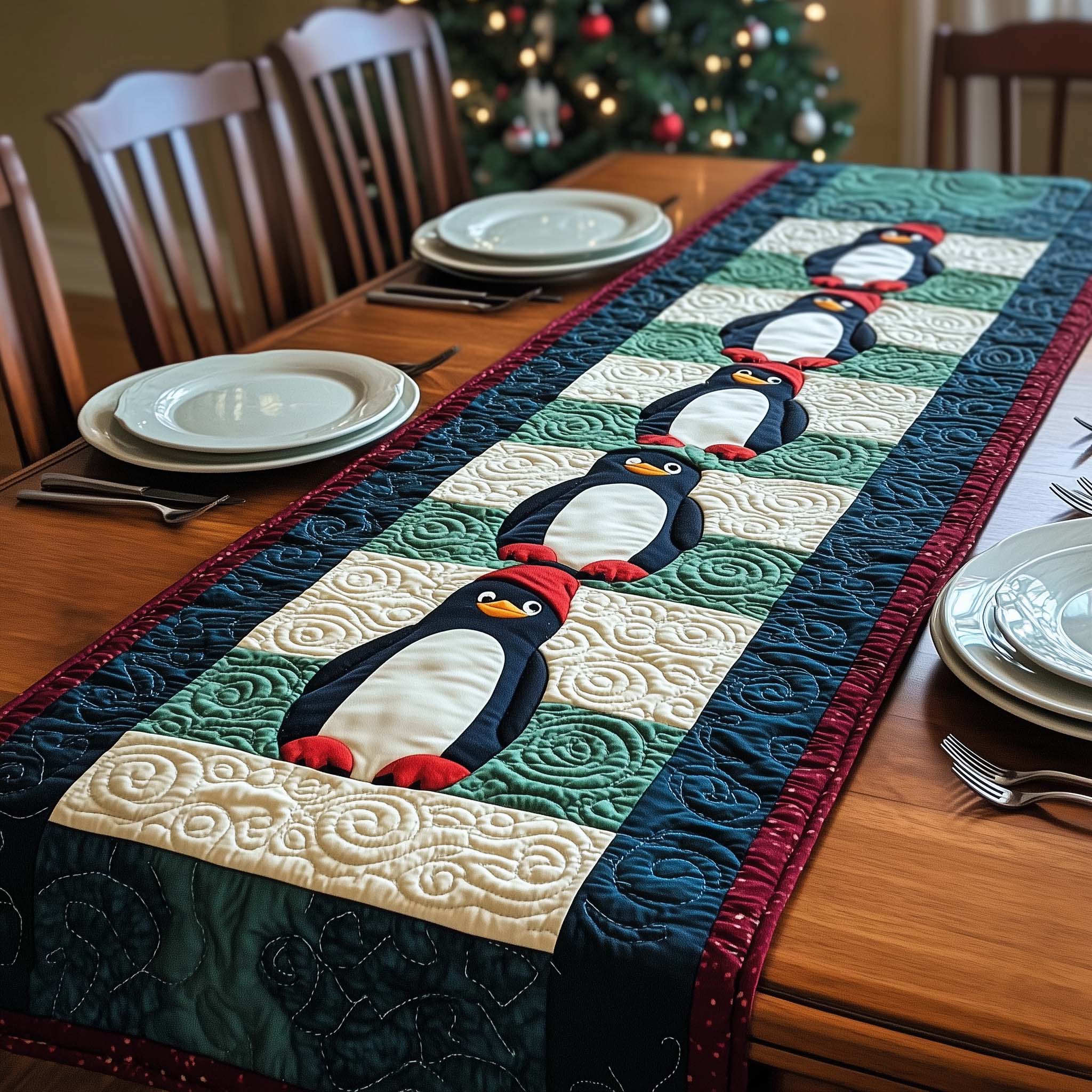Penguin Row Quilted Table Runner, Easter Table Runner, Spring Table Runner, Mother's Day Gifts