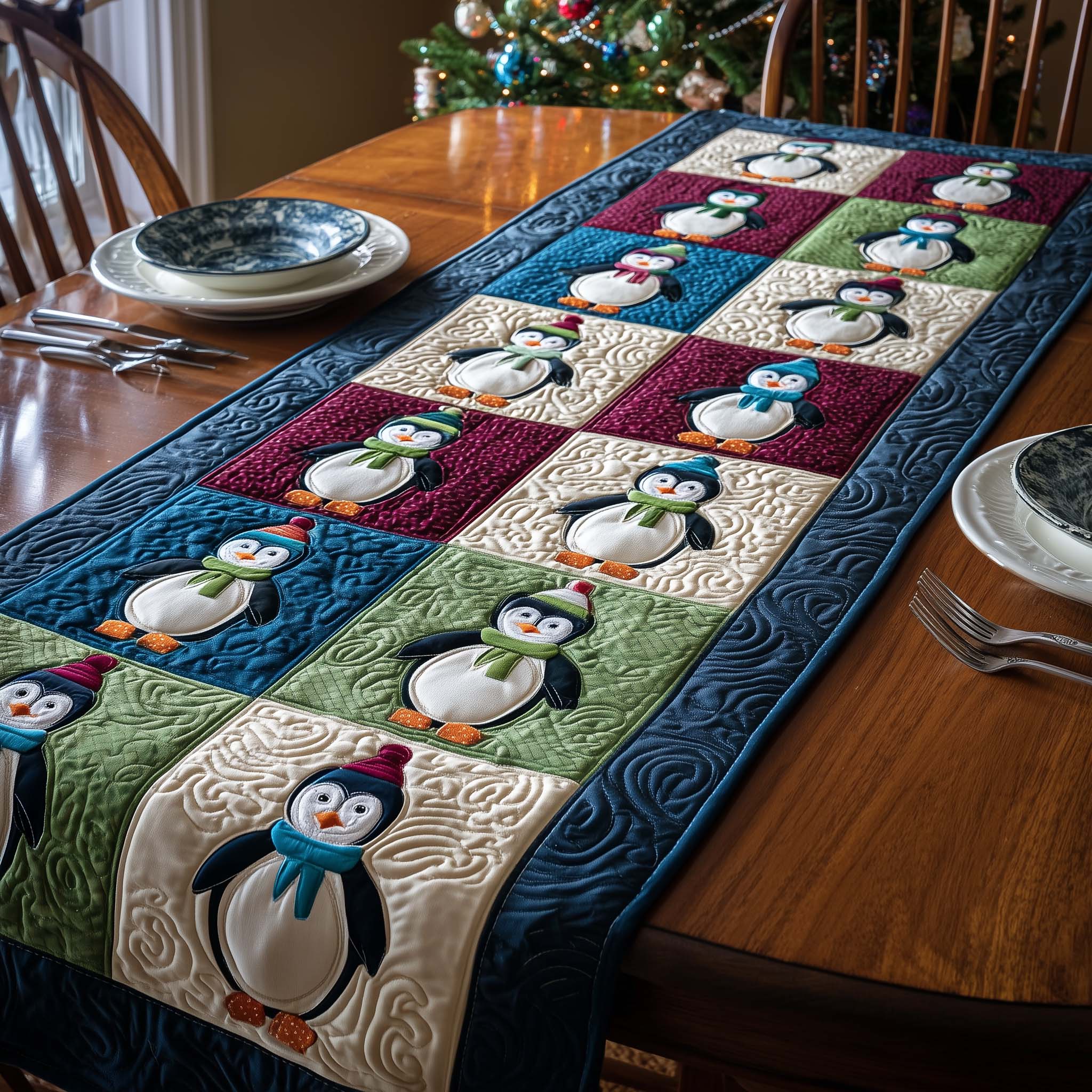 Color Penguins Quilted Table Runner, Easter Table Runner, Spring Table Runner, Mother's Day Gifts