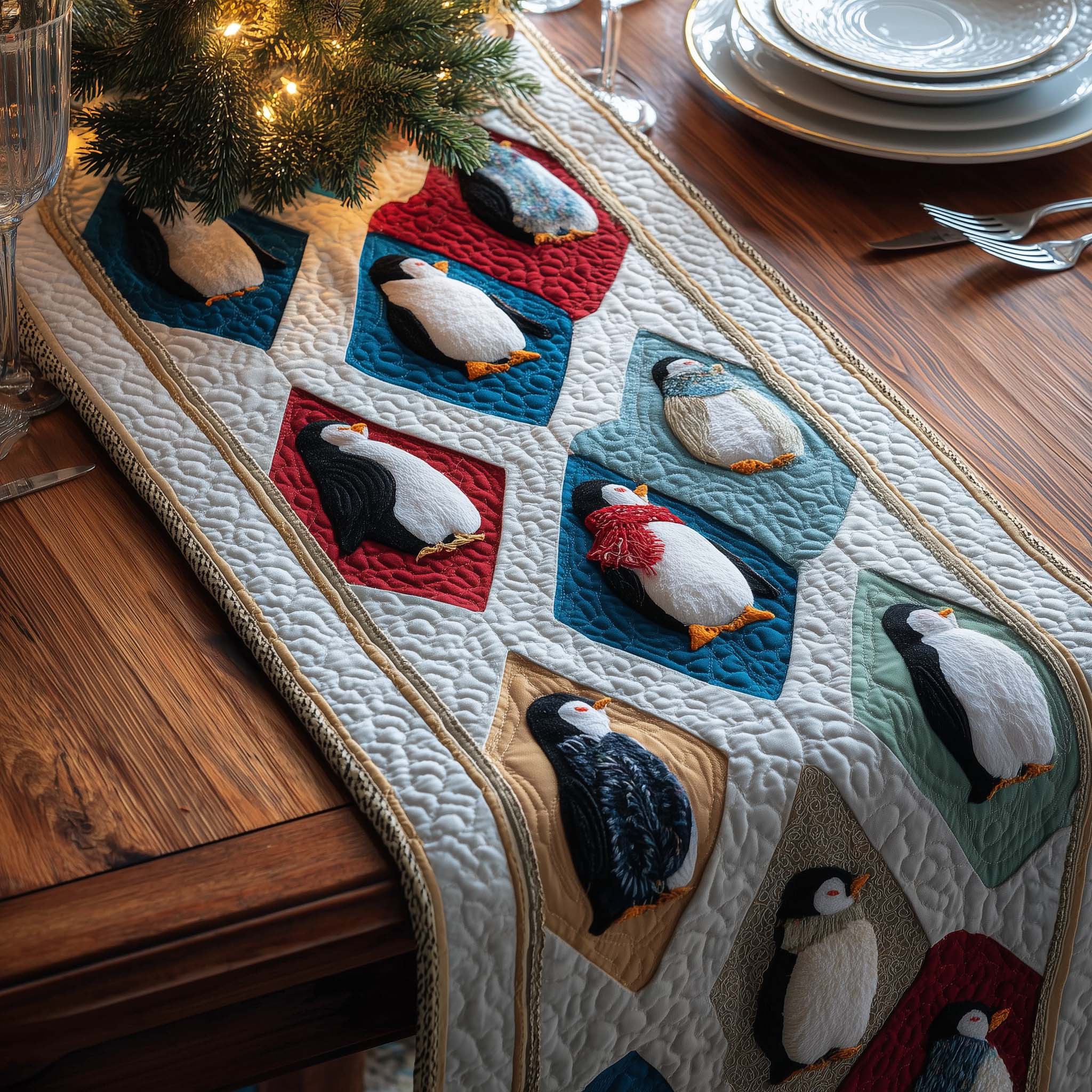 Diamond Penguins Quilted Table Runner, Easter Table Runner, Spring Table Runner, Mother's Day Gifts