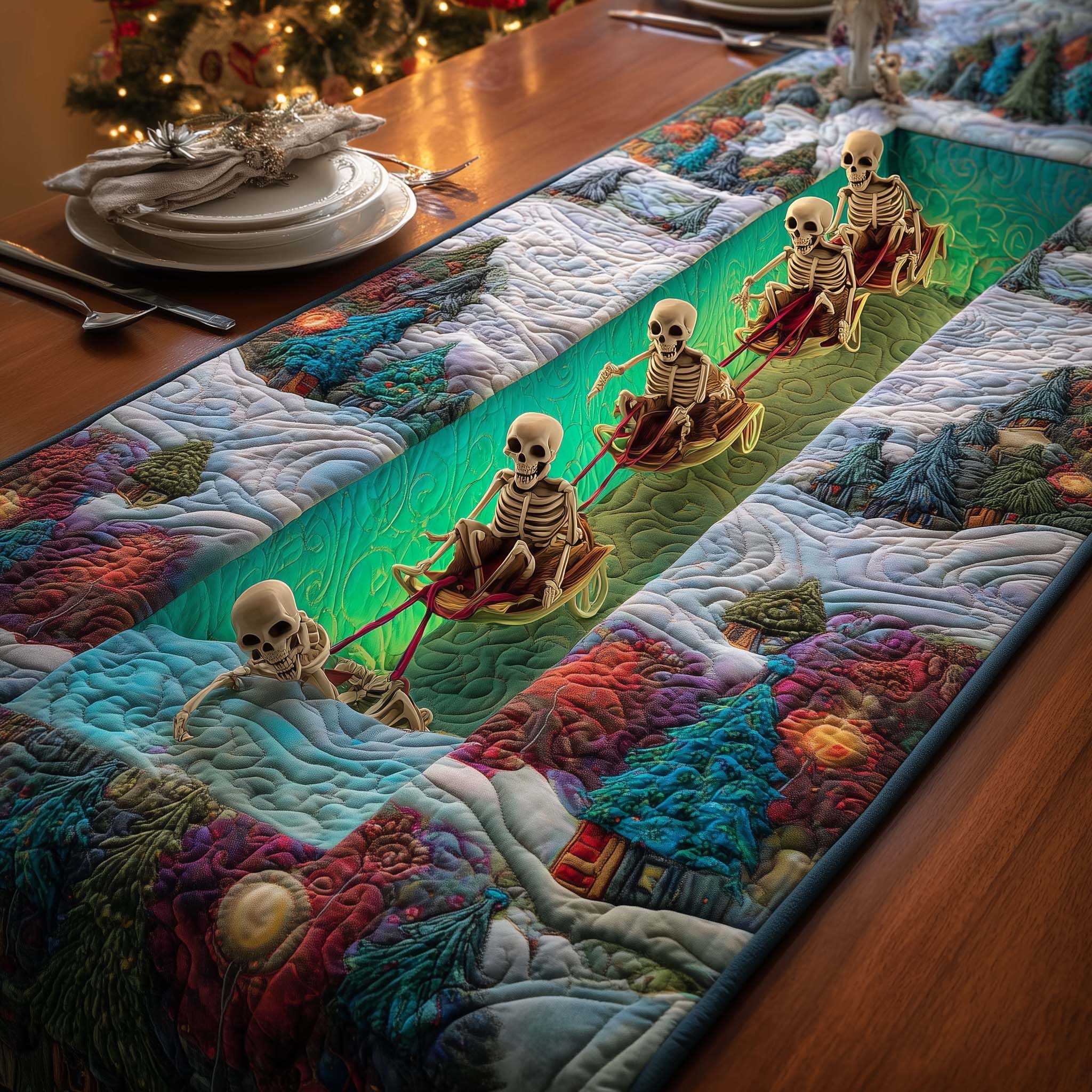 Sled Skeletons Quilted Table Runner, Easter Table Runner, Spring Table Runner, Mother's Day Gifts