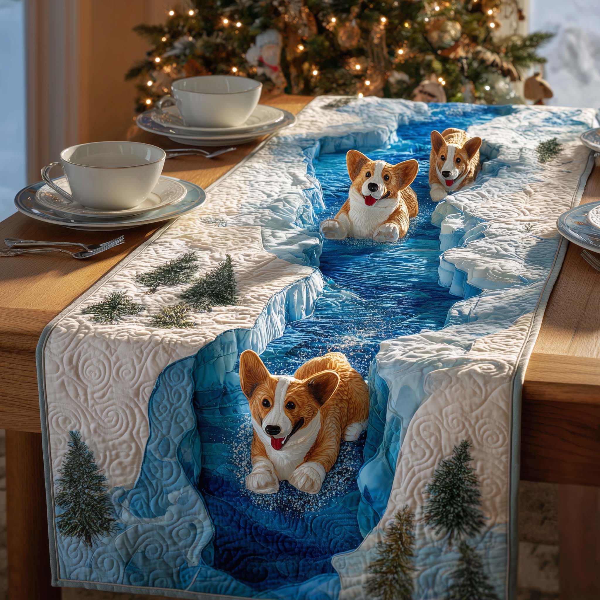 Corgi River Quilted Table Runner, Easter Table Runner, Spring Table Runner, Mother's Day Gifts