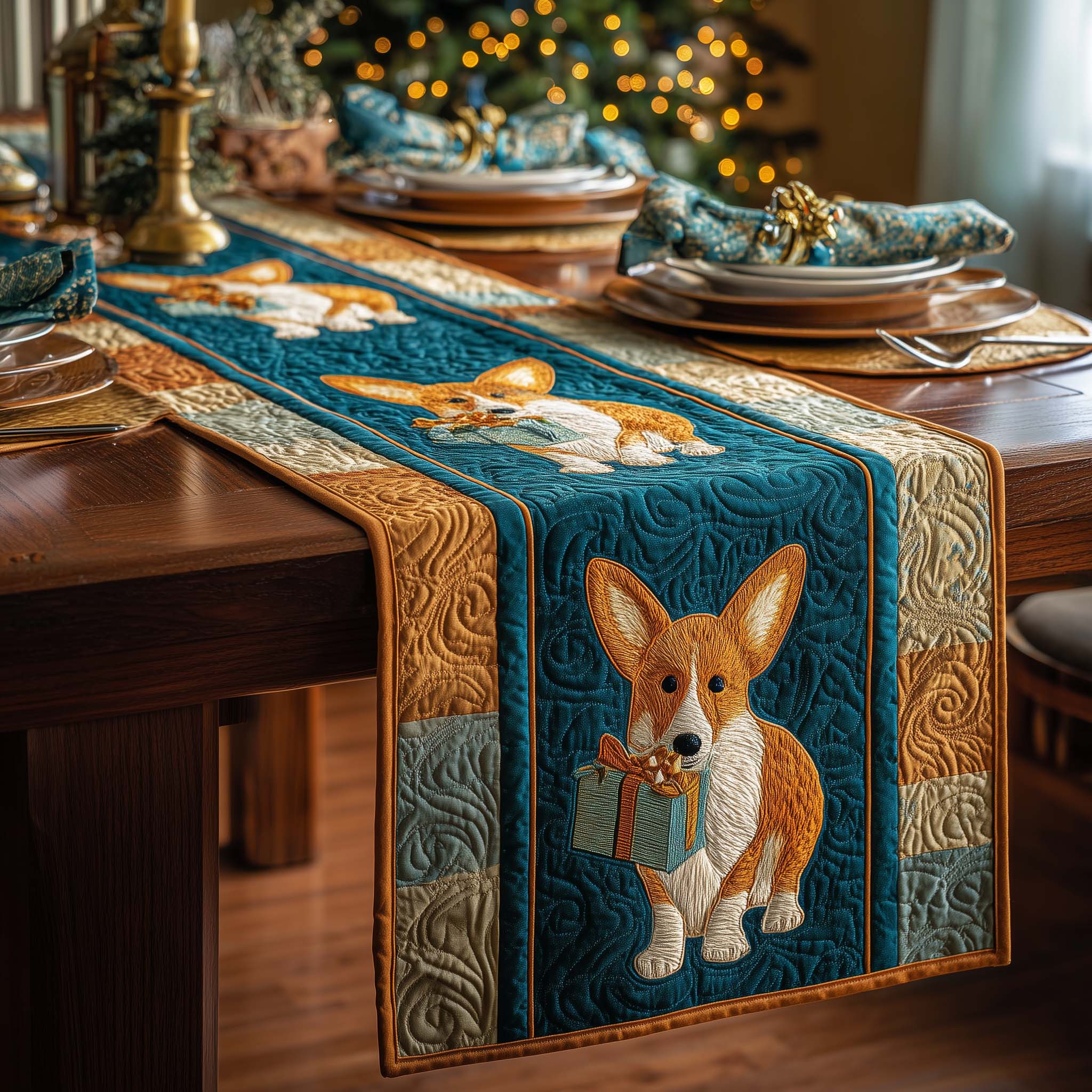 Corgi Parcel Quilted Table Runner, Easter Table Runner, Spring Table Runner, Mother's Day Gifts