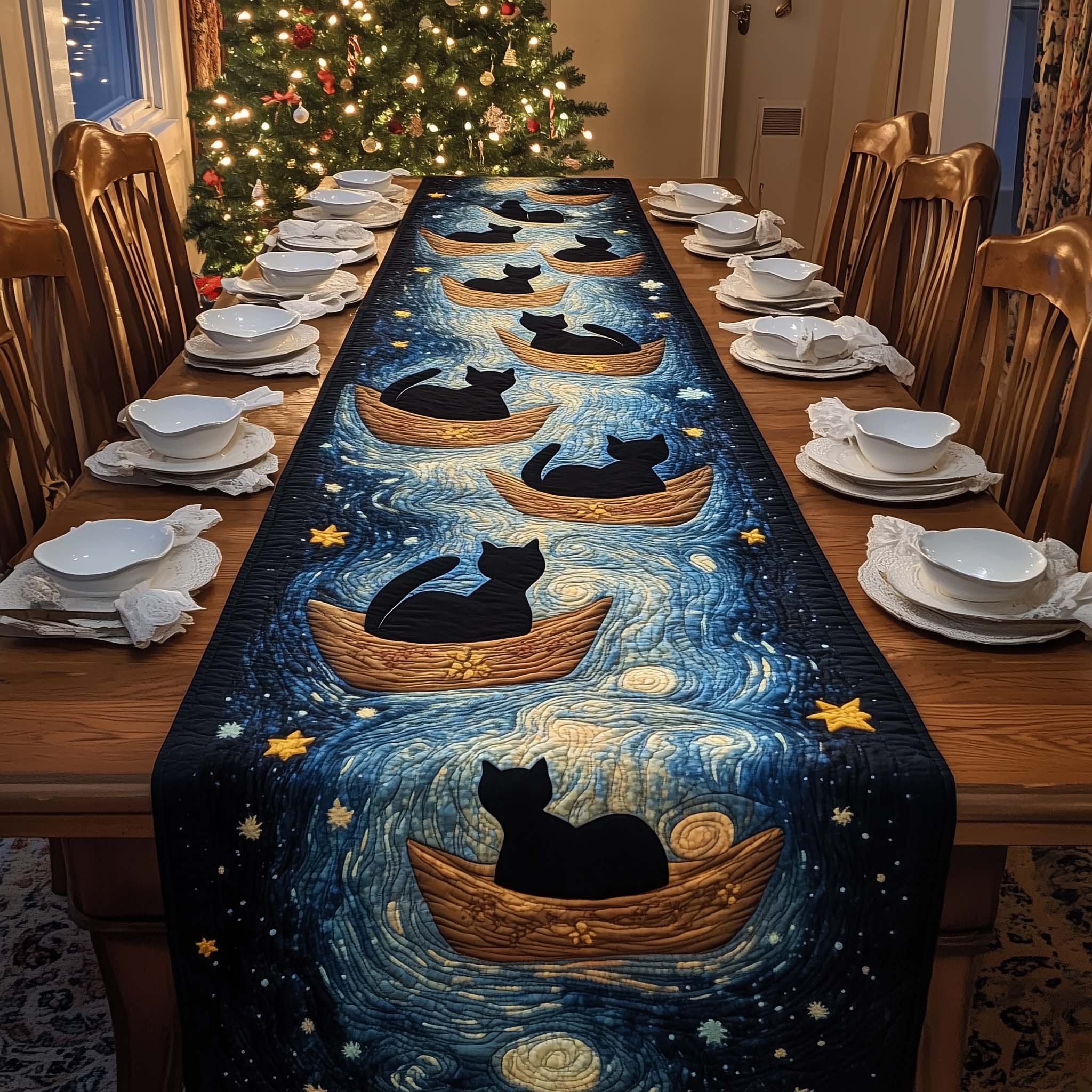Starry Cats Quilted Table Runner, Easter Table Runner, Spring Table Runner, Mother's Day Gifts