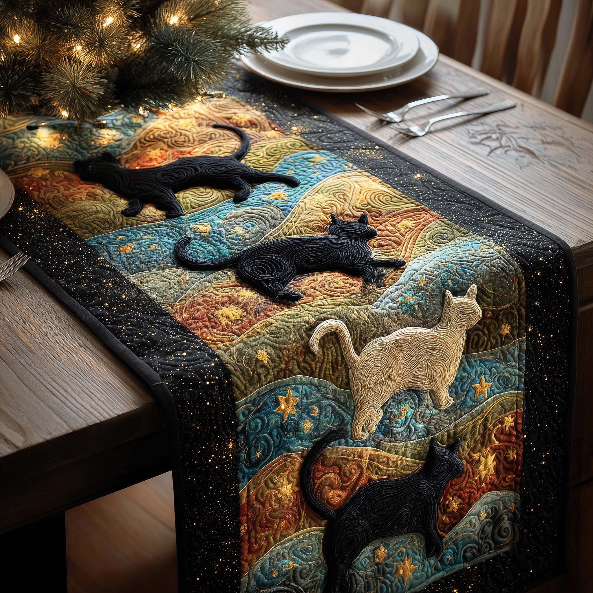 Cosmic Cats Quilted Table Runner, Easter Table Runner, Spring Table Runner, Mother's Day Gifts