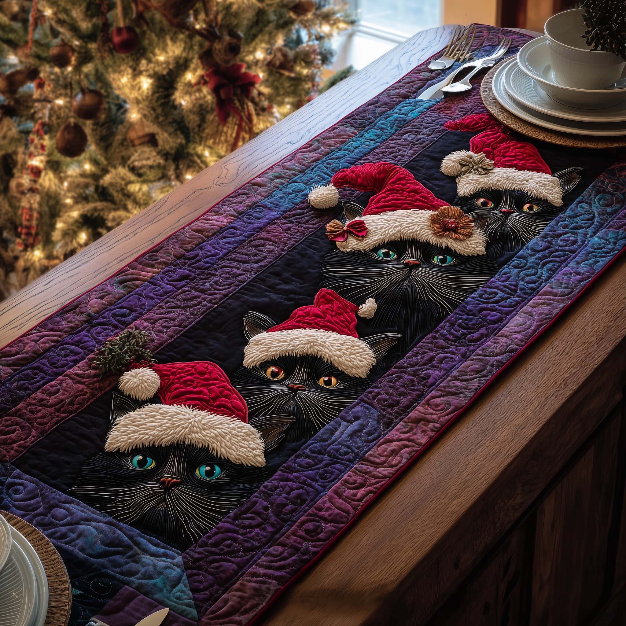 Santa Cats Quilted Table Runner, Easter Table Runner, Spring Table Runner, Mother's Day Gifts