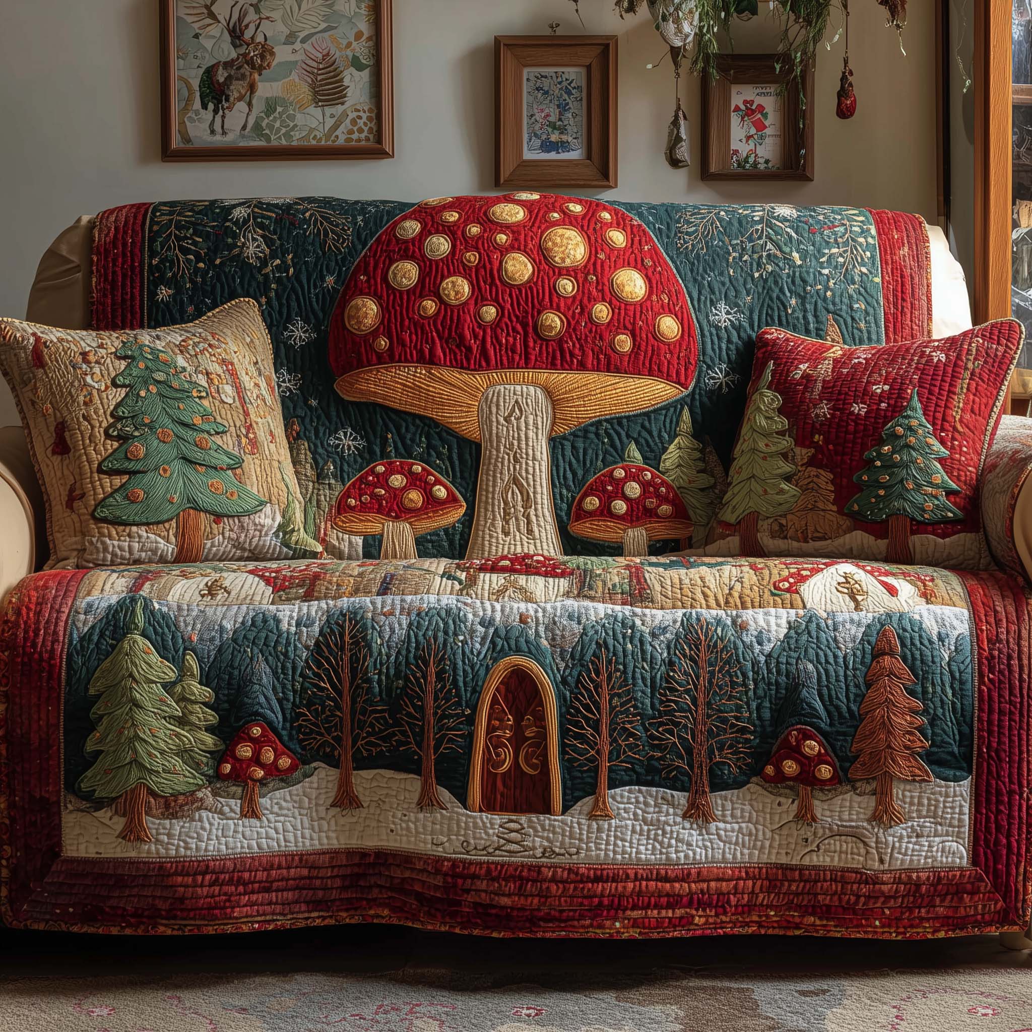 Mushroom Forest Quilted Sofa Cover Fall Halloween Decor For Sofa Couch
