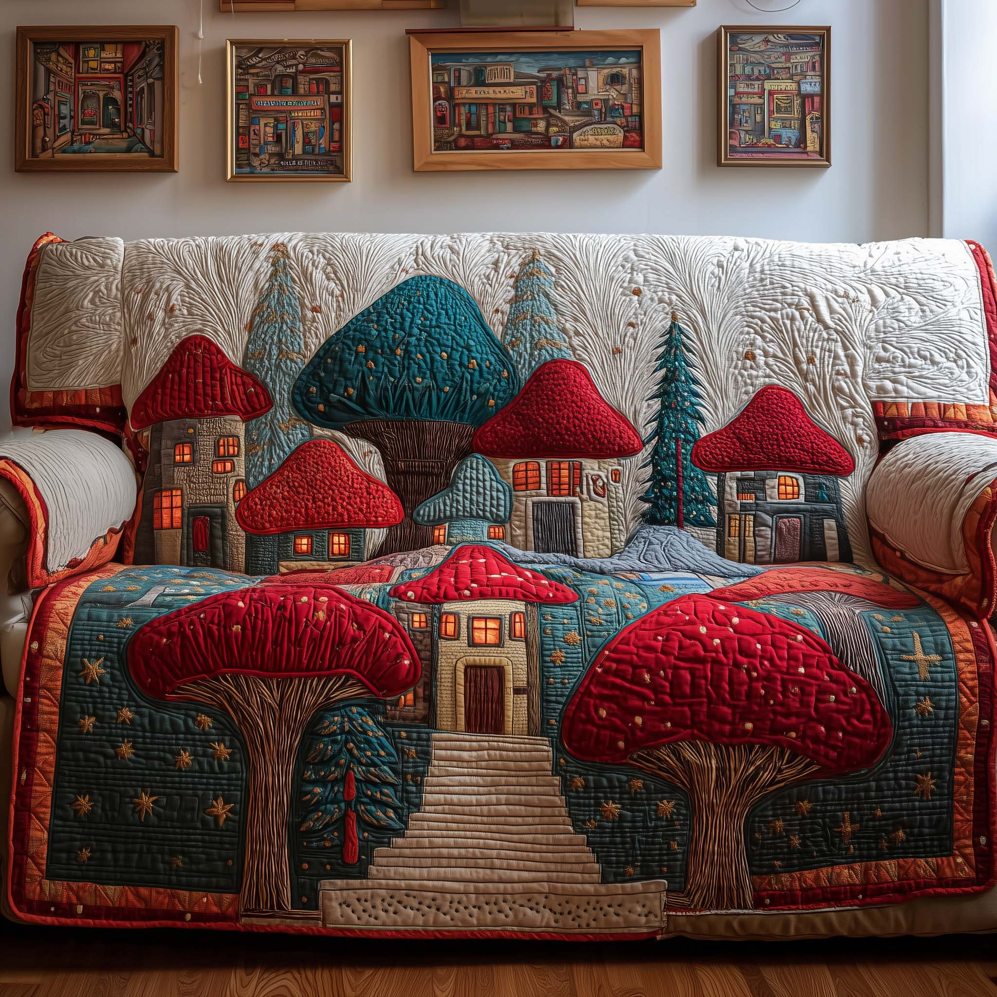 Mushroom Village Quilted Sofa Cover Fall Halloween Decor For Sofa Couch