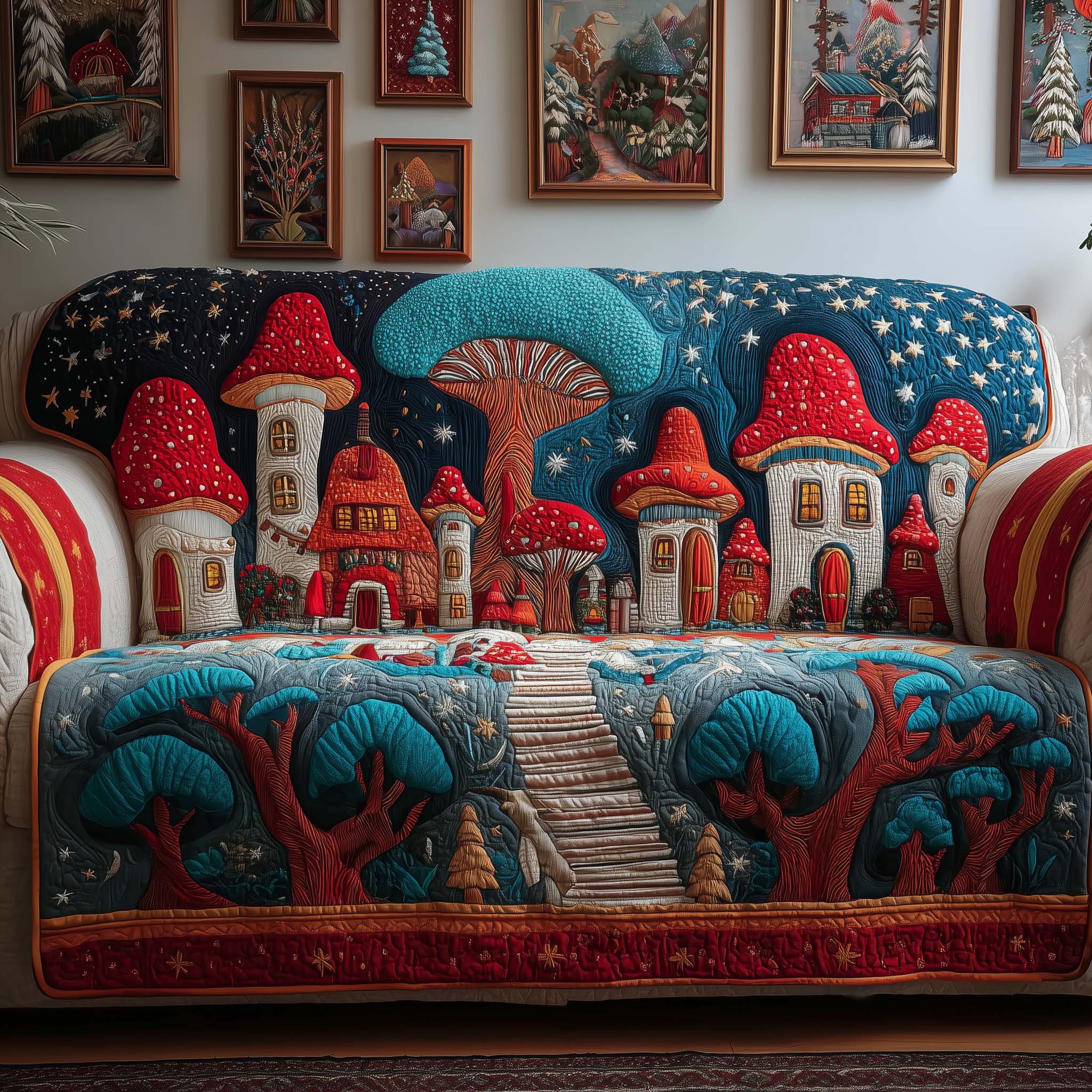 Starry Mushrooms Quilted Sofa Cover Fall Halloween Decor For Sofa Couch