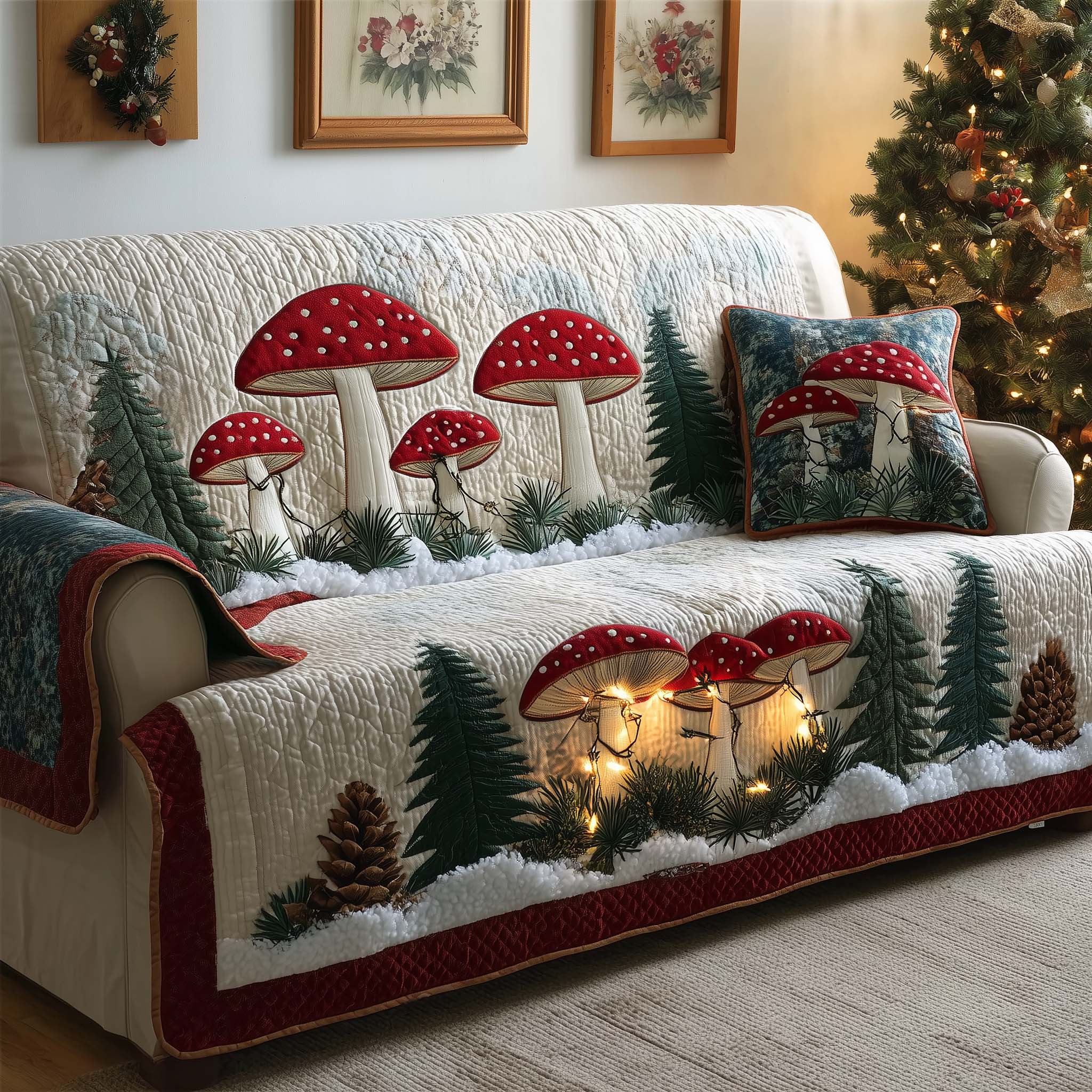 Snowy Mushrooms Quilted Sofa Cover Fall Halloween Decor For Sofa Couch