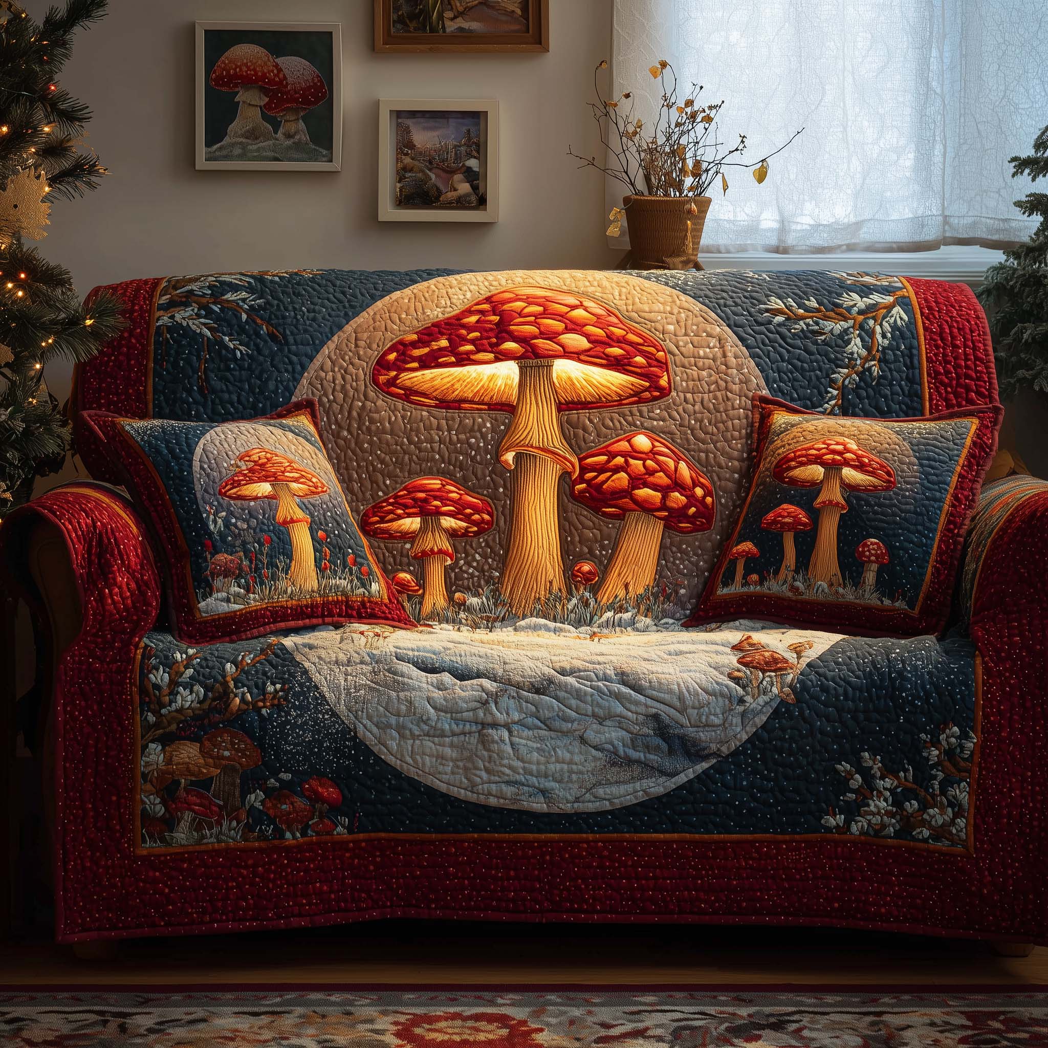 Glowing Mushrooms Quilted Sofa Cover Fall Halloween Decor For Sofa Couch