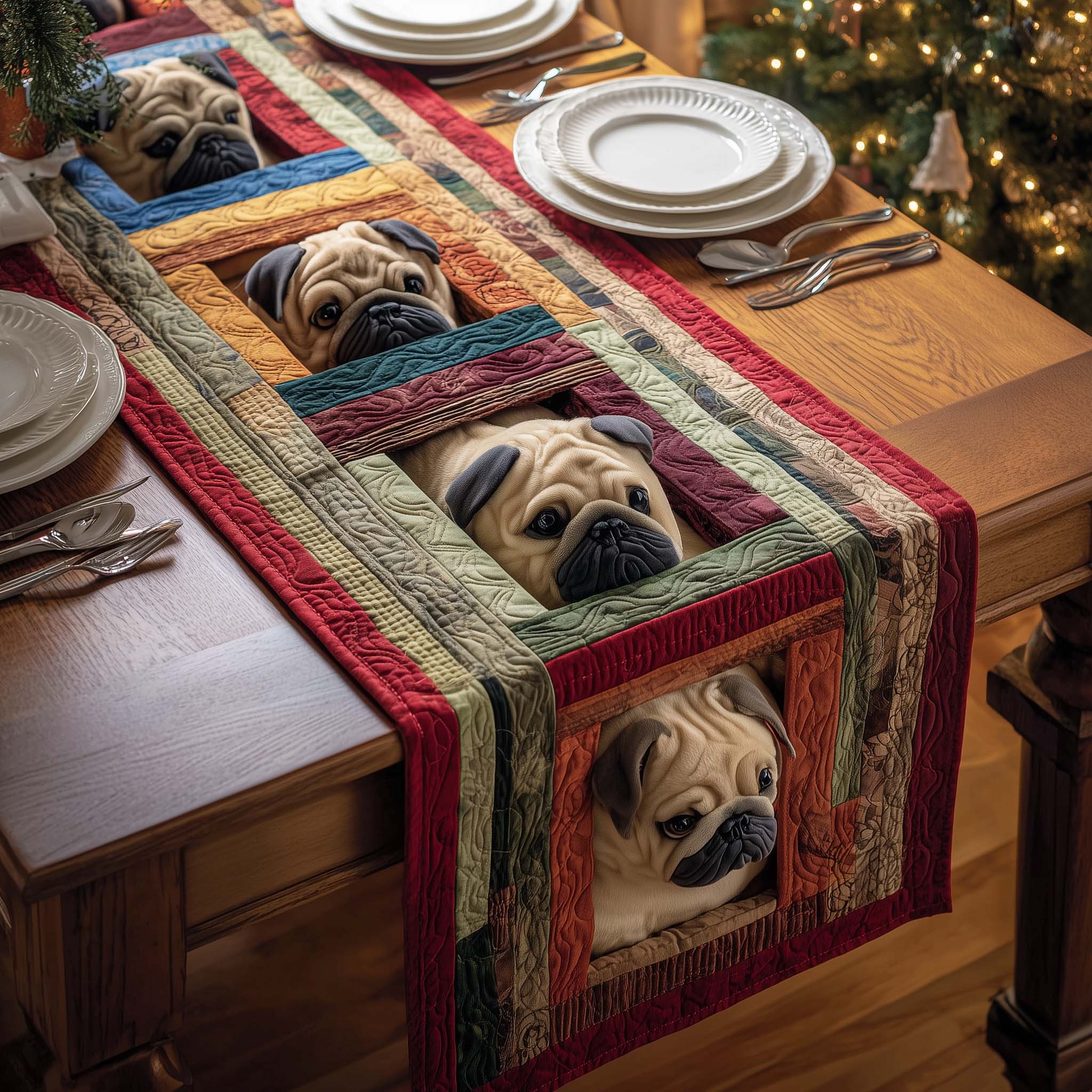 Peek Pugs Quilted Table Runner, Easter Table Runner, Spring Table Runner, Mother's Day Gifts