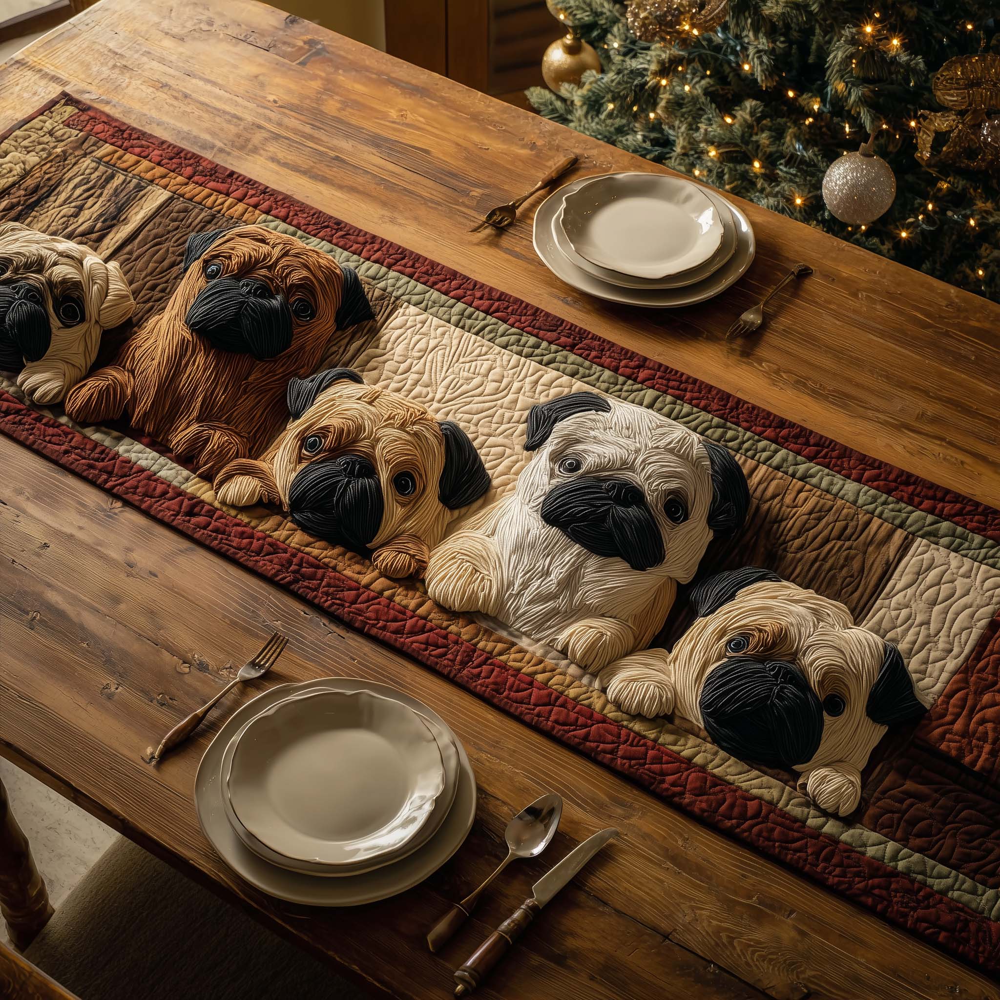 Pug Parade Quilted Table Runner, Easter Table Runner, Spring Table Runner, Mother's Day Gifts