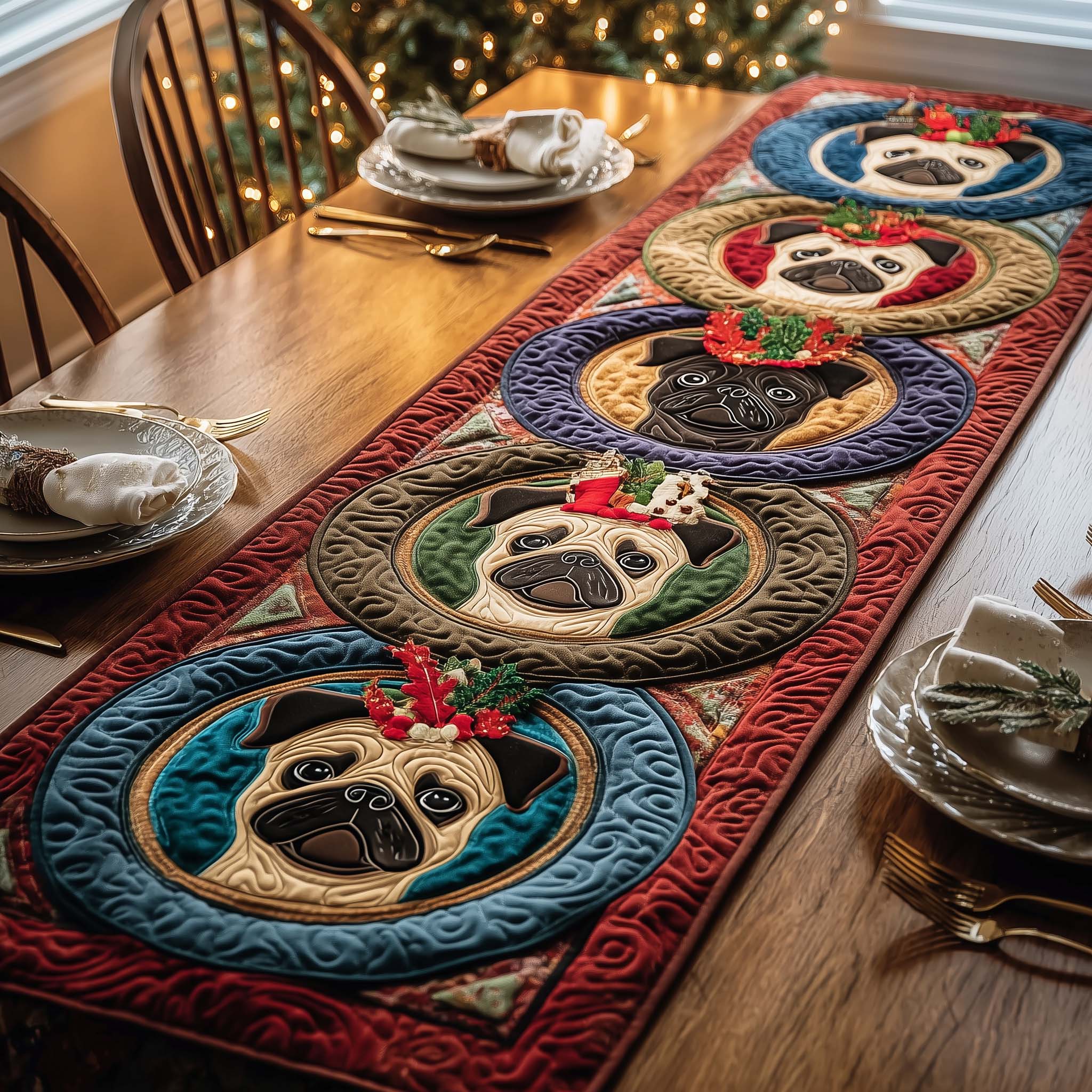Festive Pugs Quilted Table Runner, Easter Table Runner, Spring Table Runner, Mother's Day Gifts