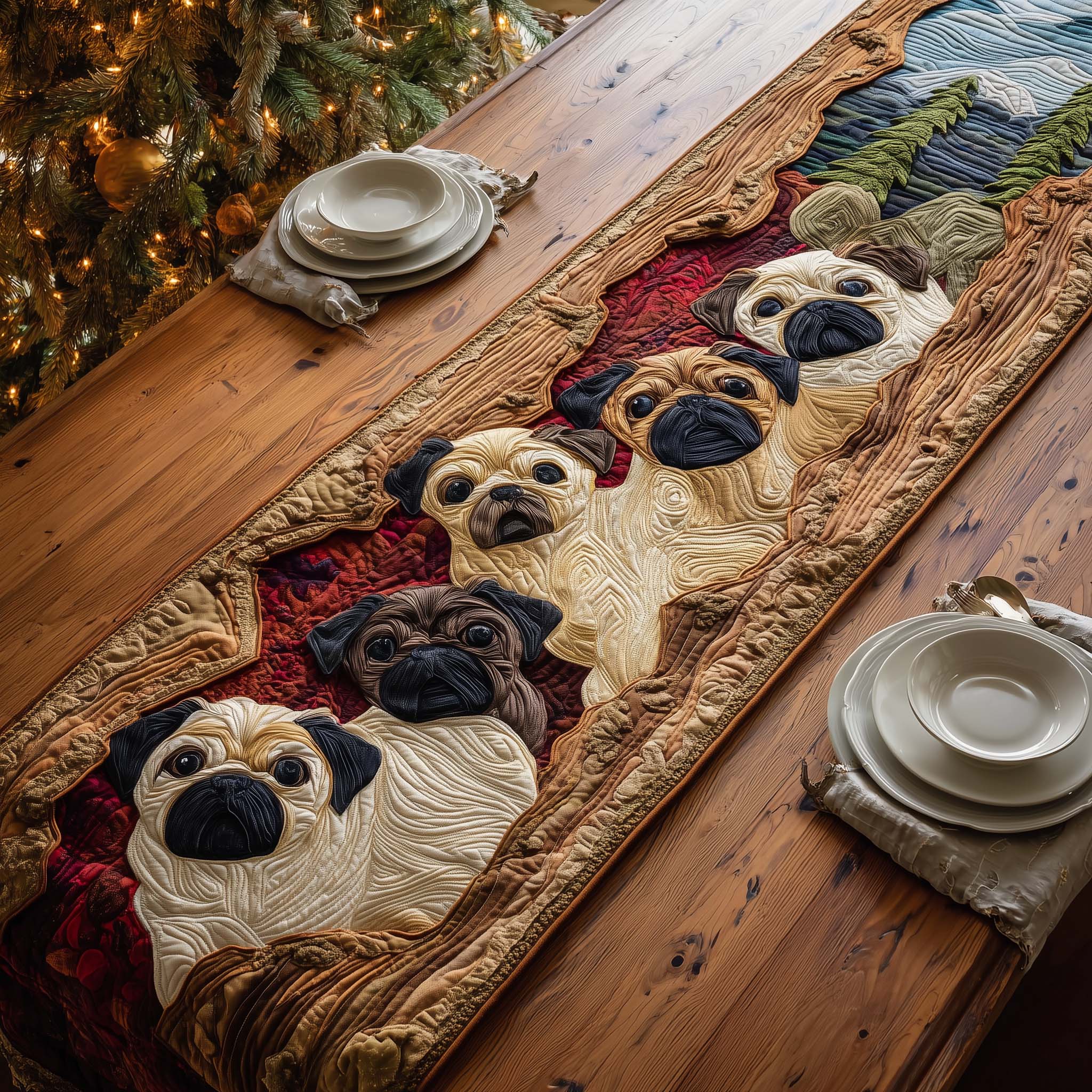 Forest Pugs Quilted Table Runner, Easter Table Runner, Spring Table Runner, Mother's Day Gifts