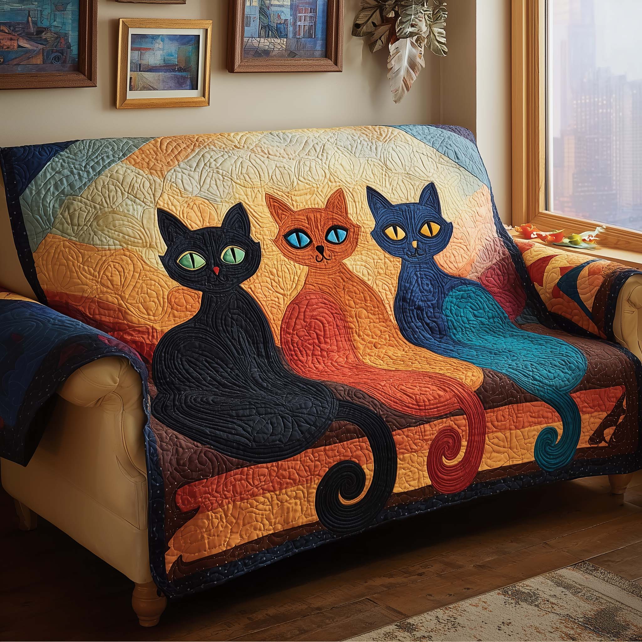 Sunset Cats Quilted Sofa Cover Fall Halloween Decor For Sofa Couch