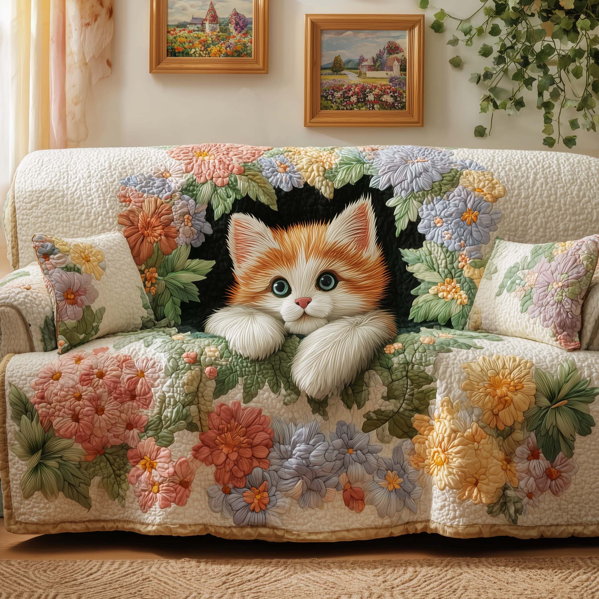 Floral Kitten Quilted Sofa Cover Fall Halloween Decor For Sofa Couch