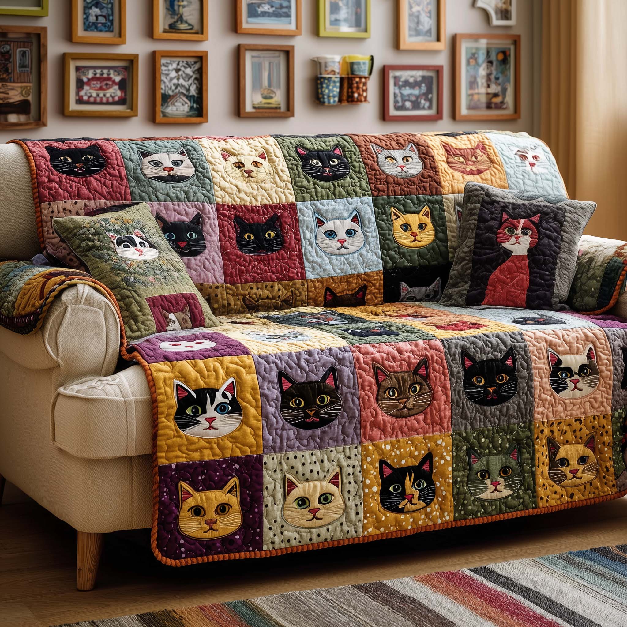 Patchwork Cats Quilted Sofa Cover Fall Halloween Decor For Sofa Couch