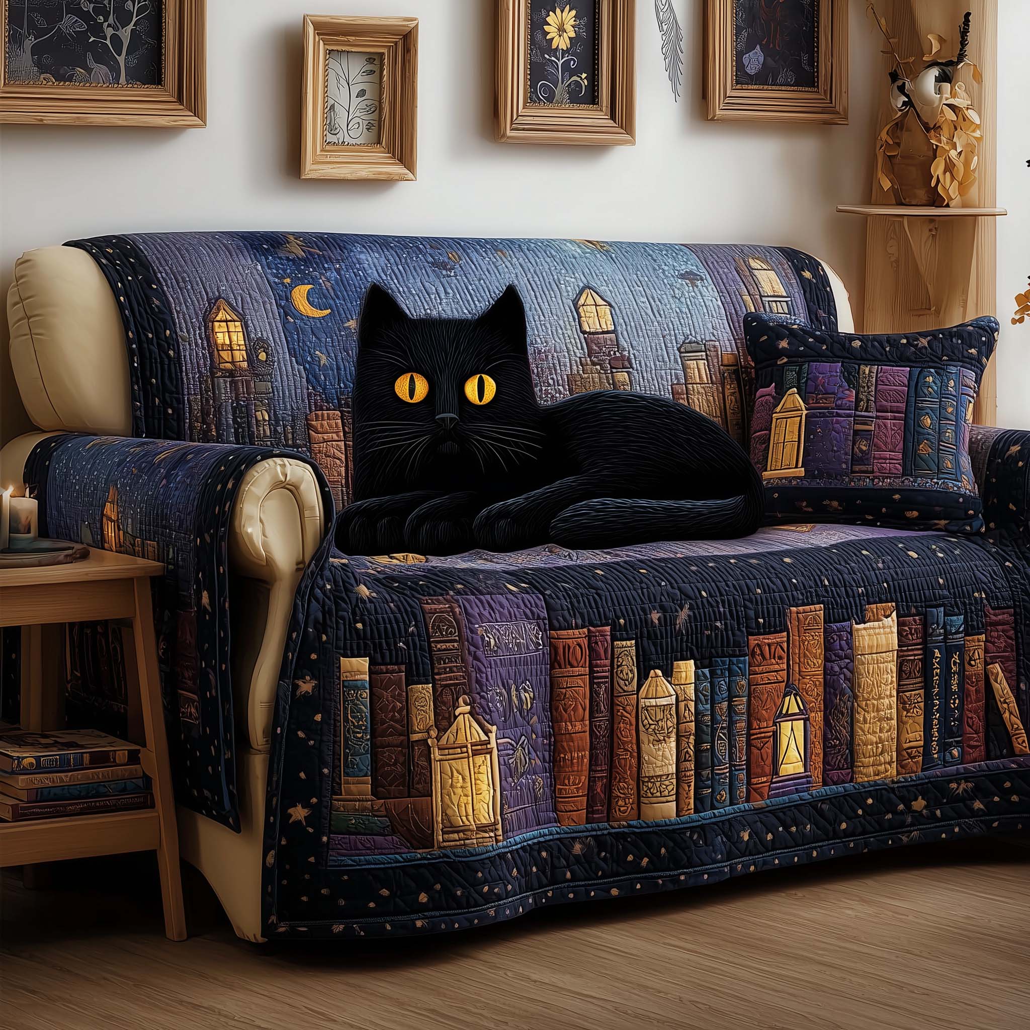 Midnight Cat Quilted Sofa Cover Fall Halloween Decor For Sofa Couch