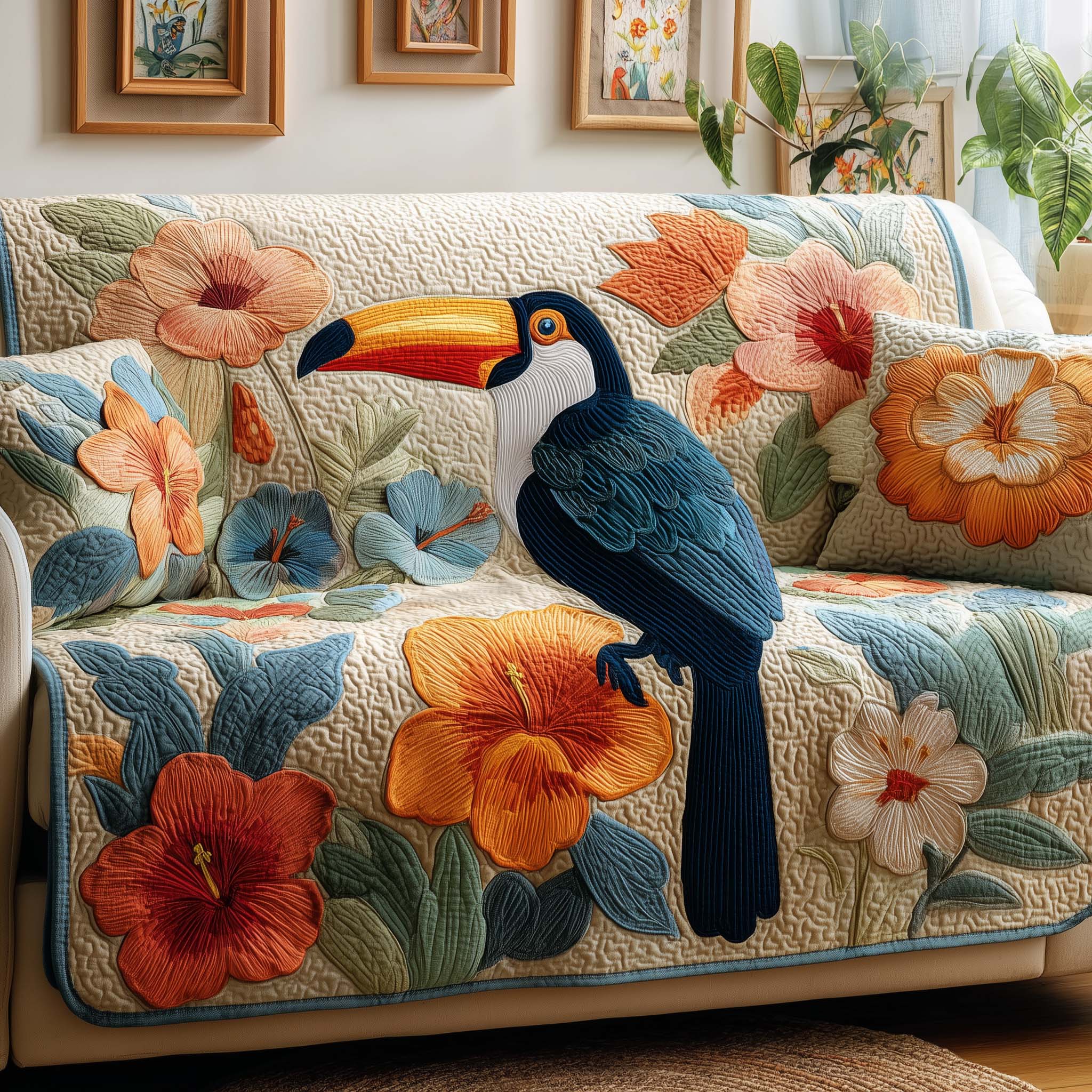 Floral Toucan Quilted Sofa Cover Fall Halloween Decor For Sofa Couch