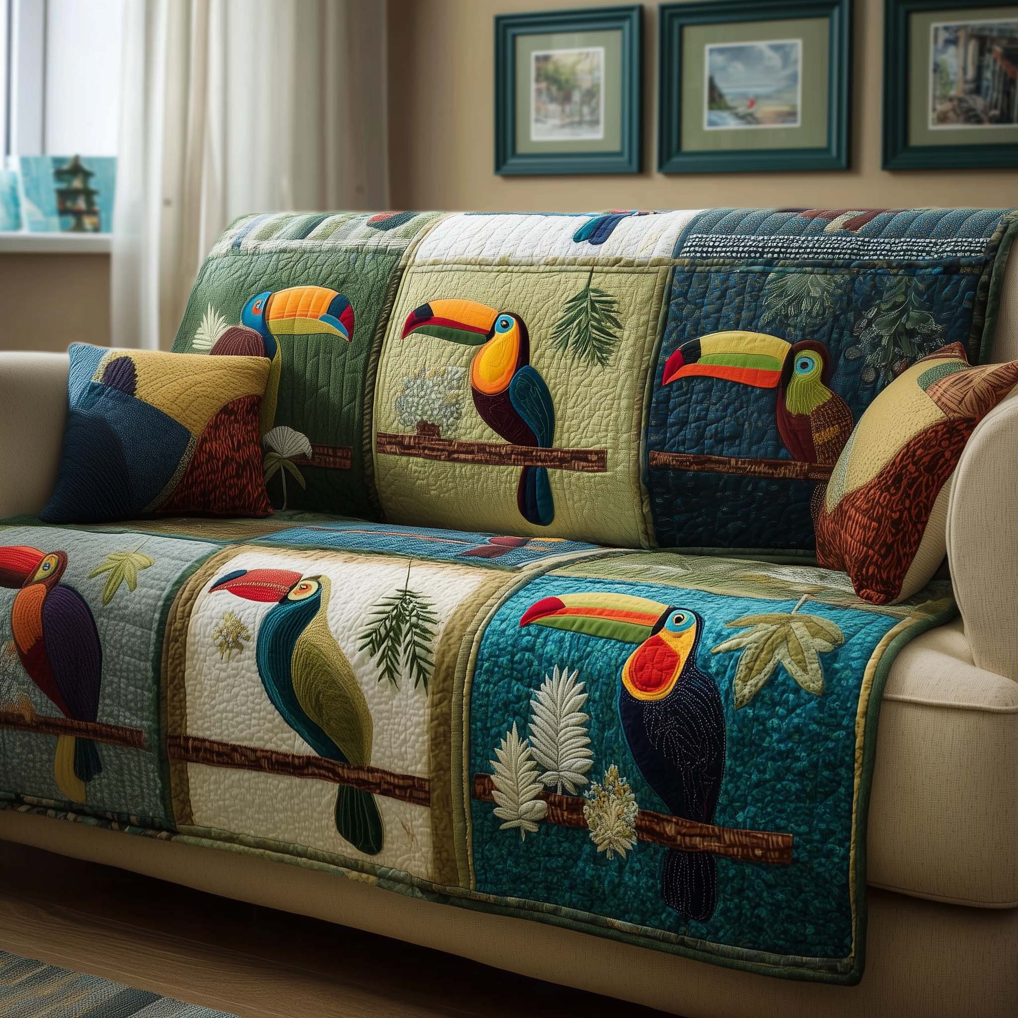 Patchwork Toucans Quilted Sofa Cover Fall Halloween Decor For Sofa Couch