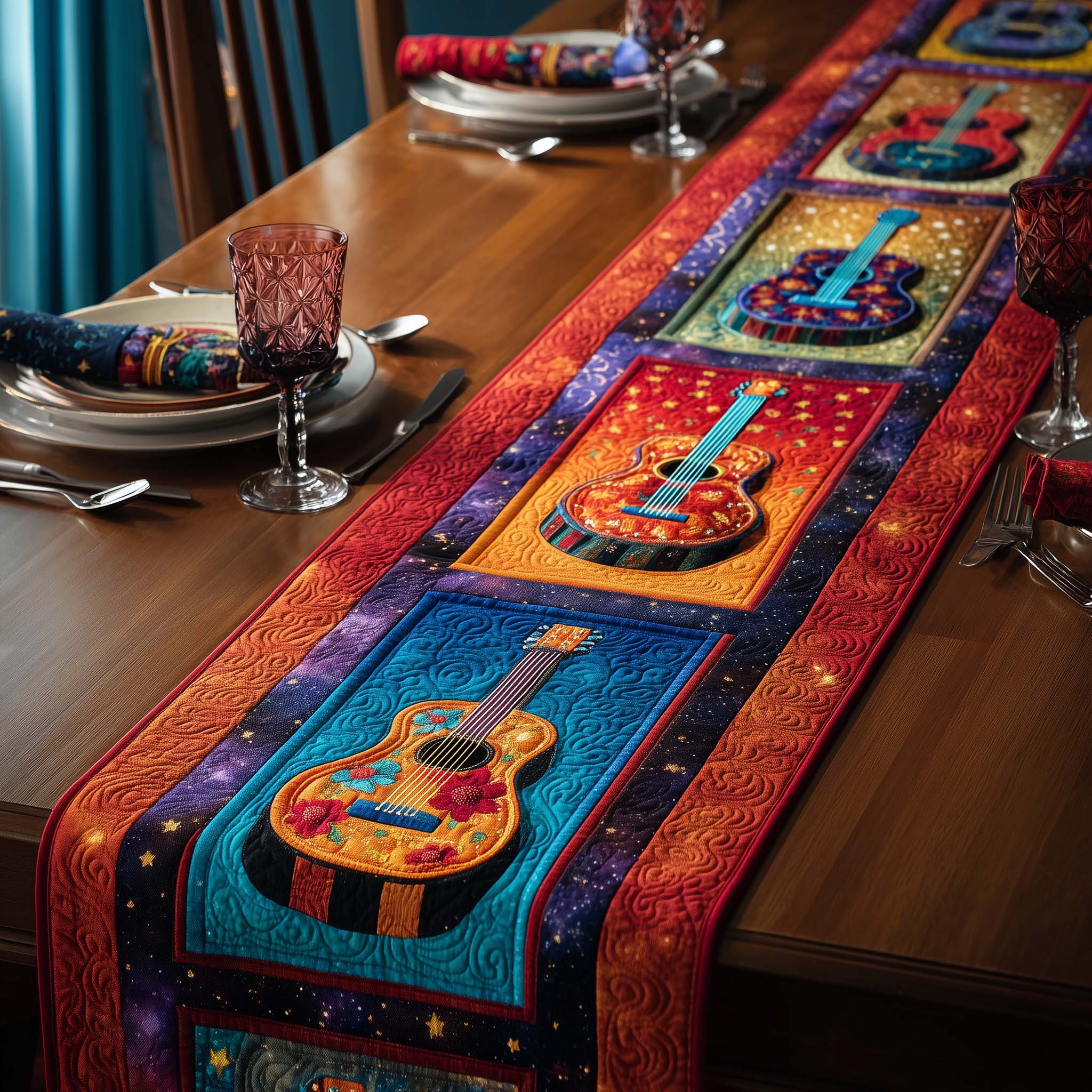 Cosmic Guitars Quilted Table Runner, Easter Table Runner, Spring Table Runner, Mother's Day Gifts