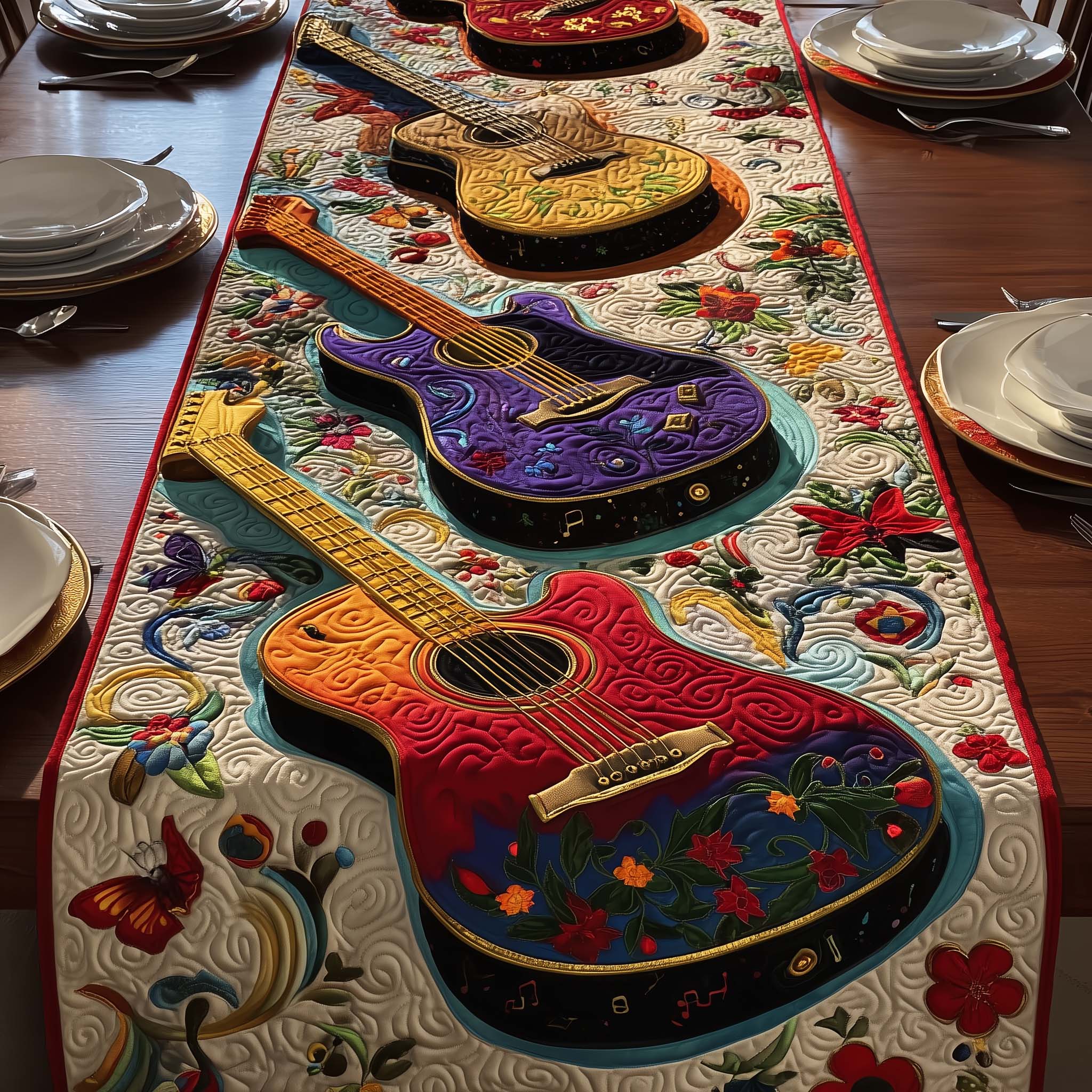 Floral Guitars Quilted Table Runner, Easter Table Runner, Spring Table Runner, Mother's Day Gifts