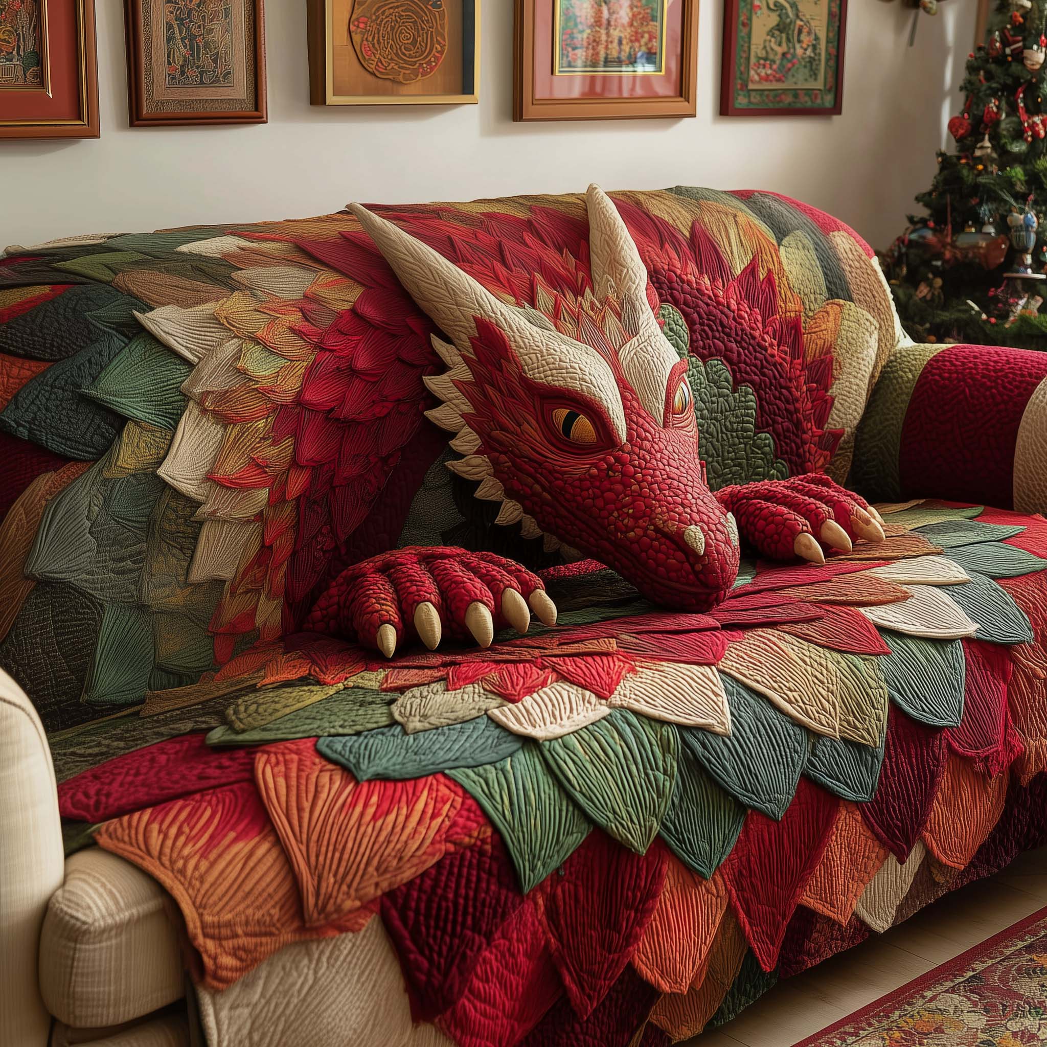 Crimson Dragon Quilted Sofa Cover Fall Halloween Decor For Sofa Couch