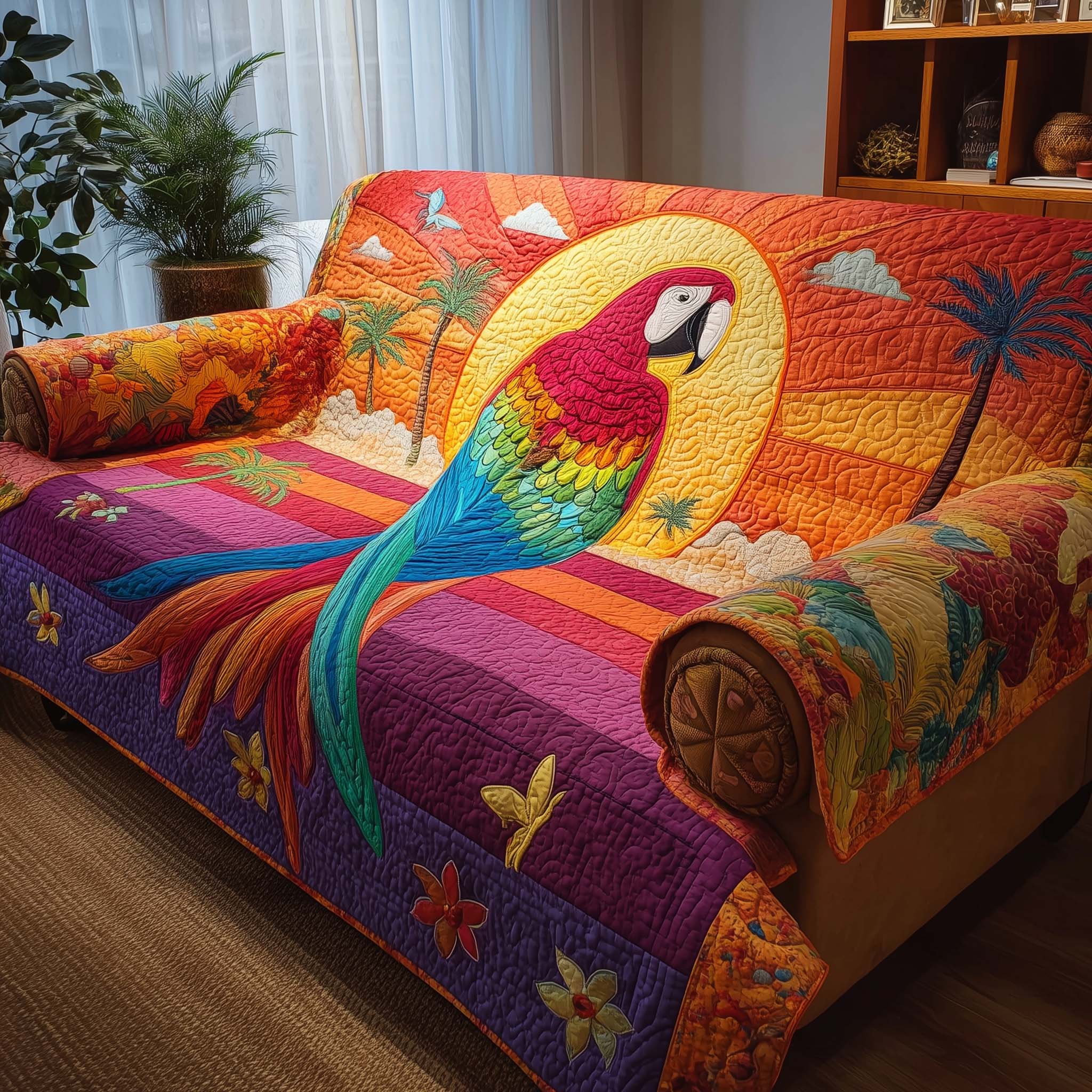 Sunset Macaw Quilted Sofa Cover Fall Halloween Decor For Sofa Couch