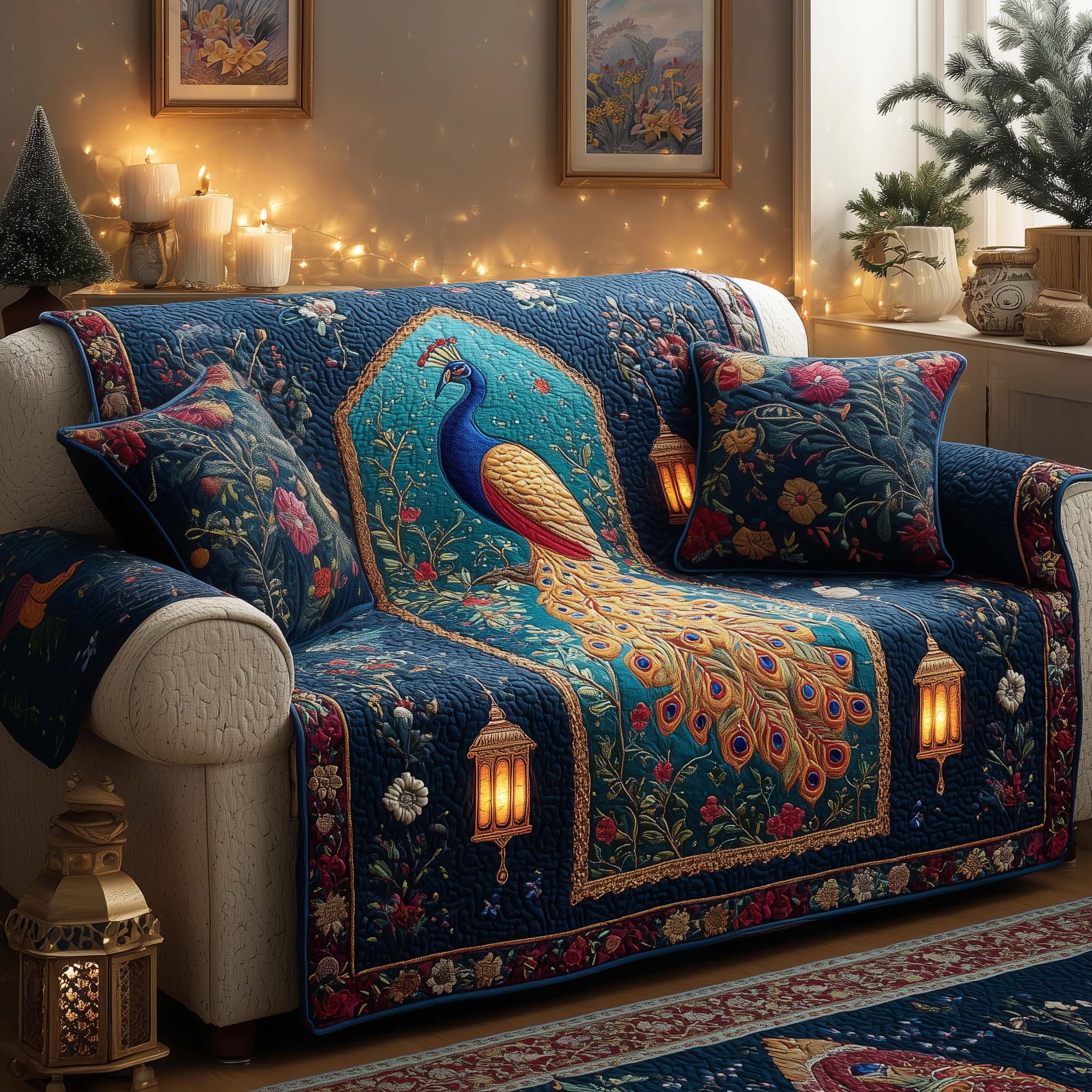 Lantern Peacock Quilted Sofa Cover Fall Halloween Decor For Sofa Couch