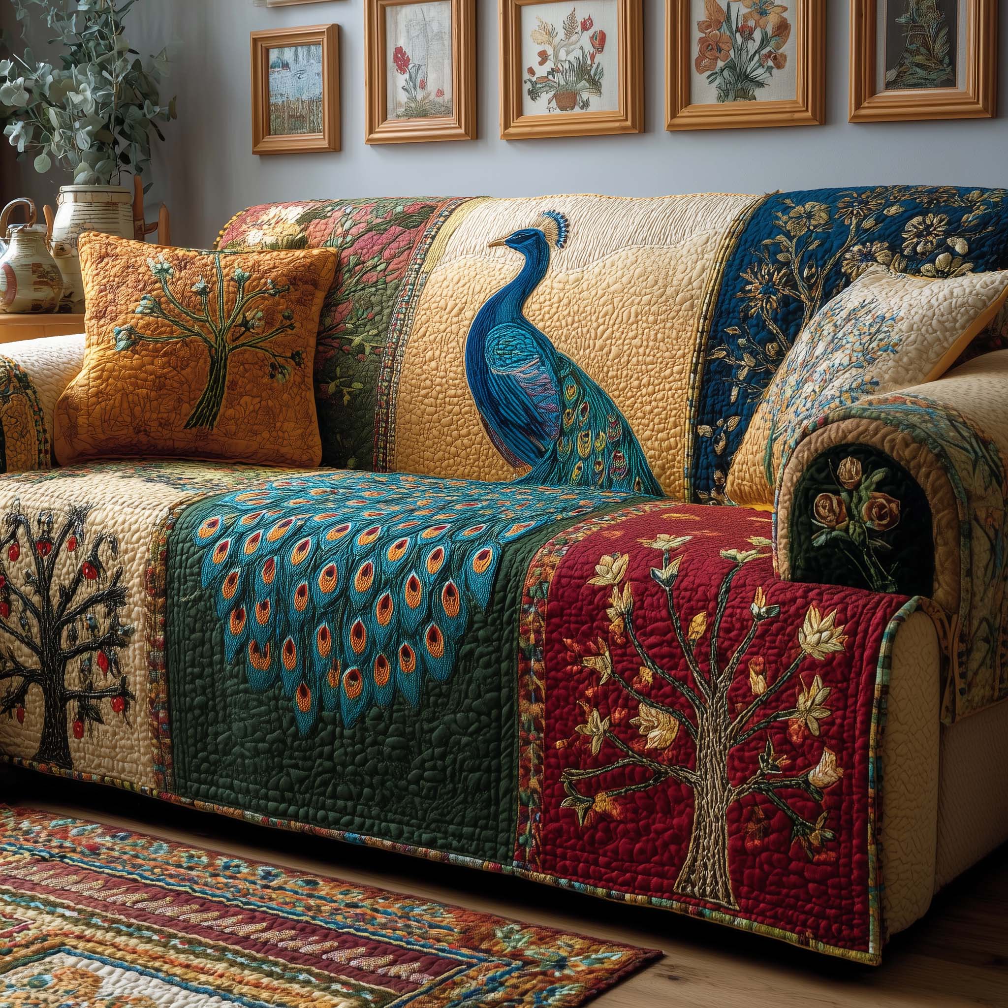 Patchwork Peacock Quilted Sofa Cover Fall Halloween Decor For Sofa Couch