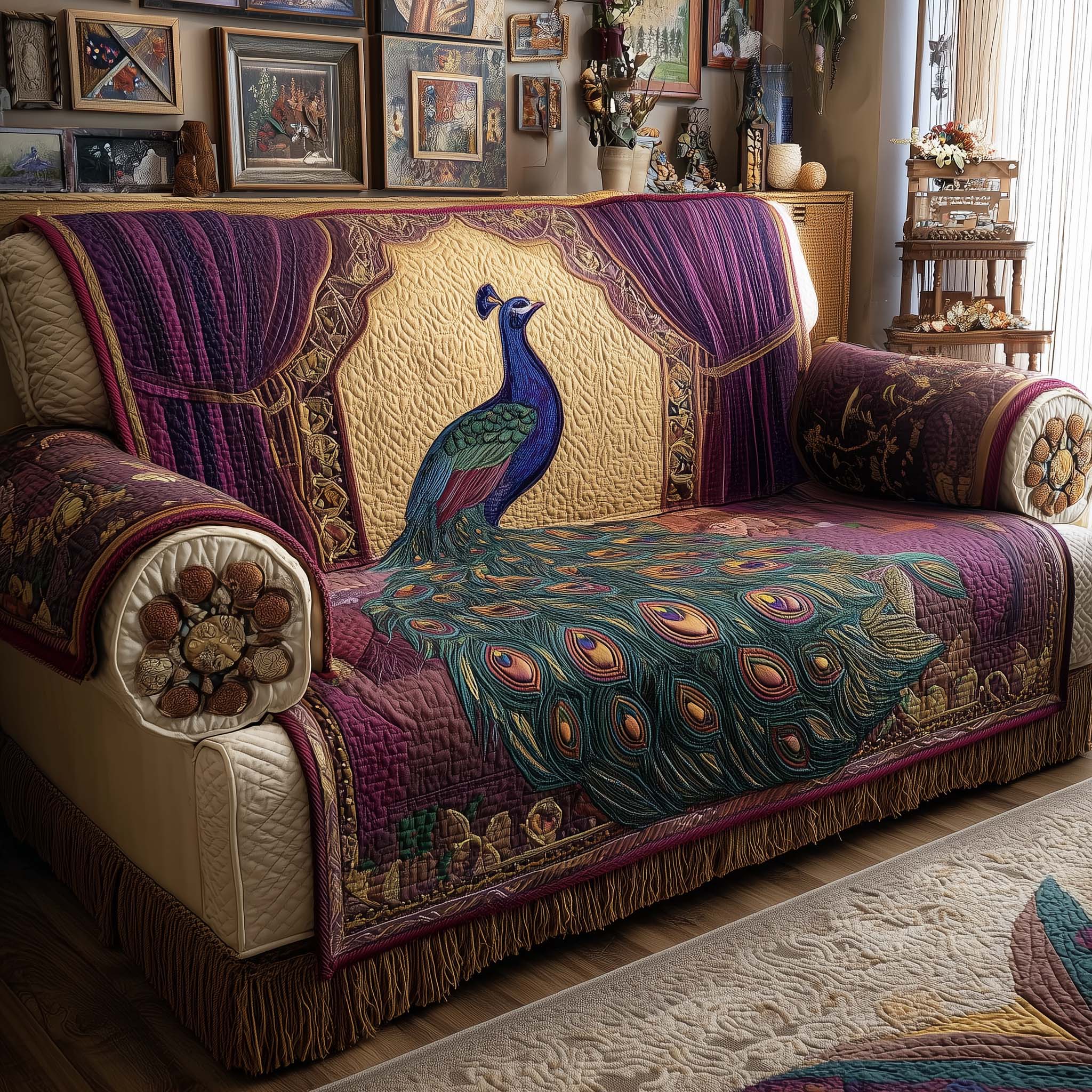 Velvet Peacock Quilted Sofa Cover Fall Halloween Decor For Sofa Couch