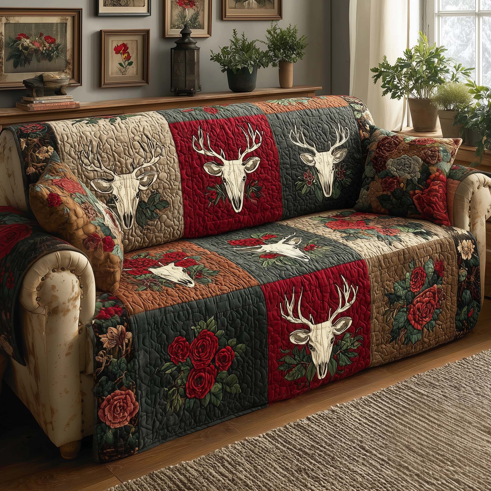 Crimson Antlers Quilted Sofa Cover Fall Halloween Decor For Sofa Couch