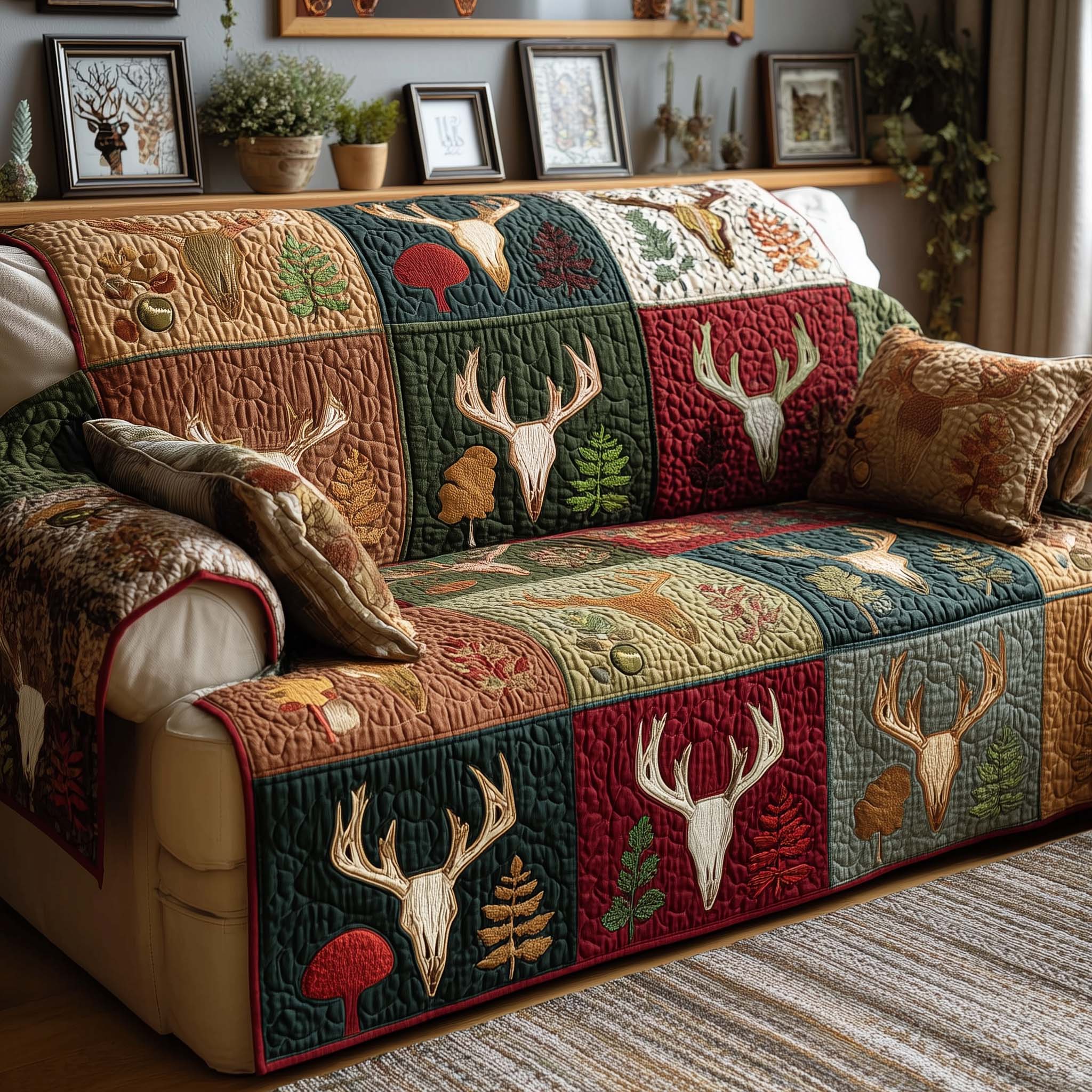 Autumn Antlers Quilted Sofa Cover Fall Halloween Decor For Sofa Couch