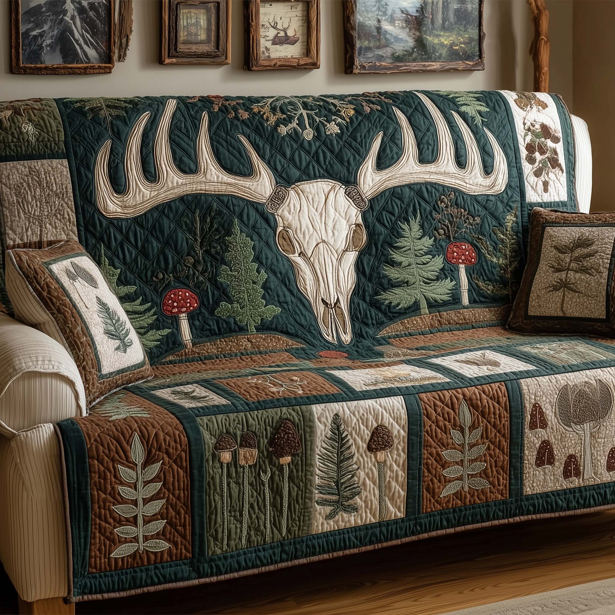 Teal Antlers Quilted Sofa Cover Fall Halloween Decor For Sofa Couch