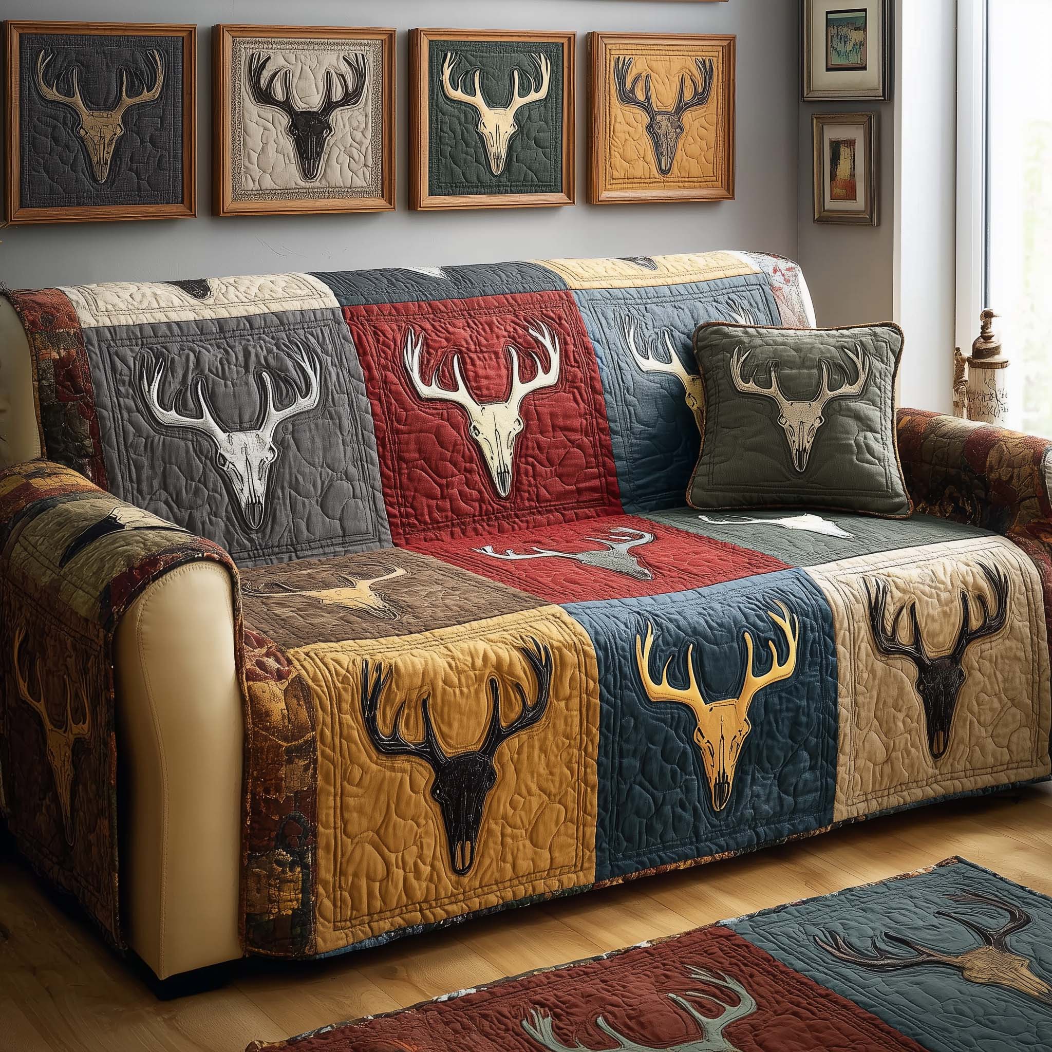 Patchwork Antlers Quilted Sofa Cover Fall Halloween Decor For Sofa Couch