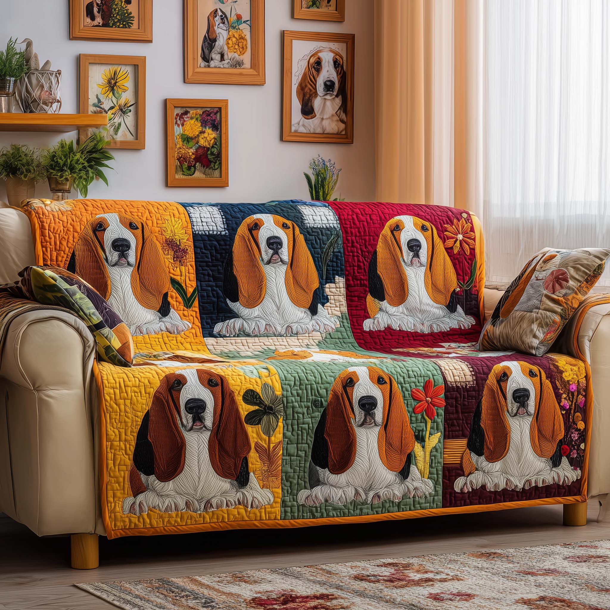 Patchwork Basset Quilted Sofa Cover Fall Halloween Decor For Sofa Couch