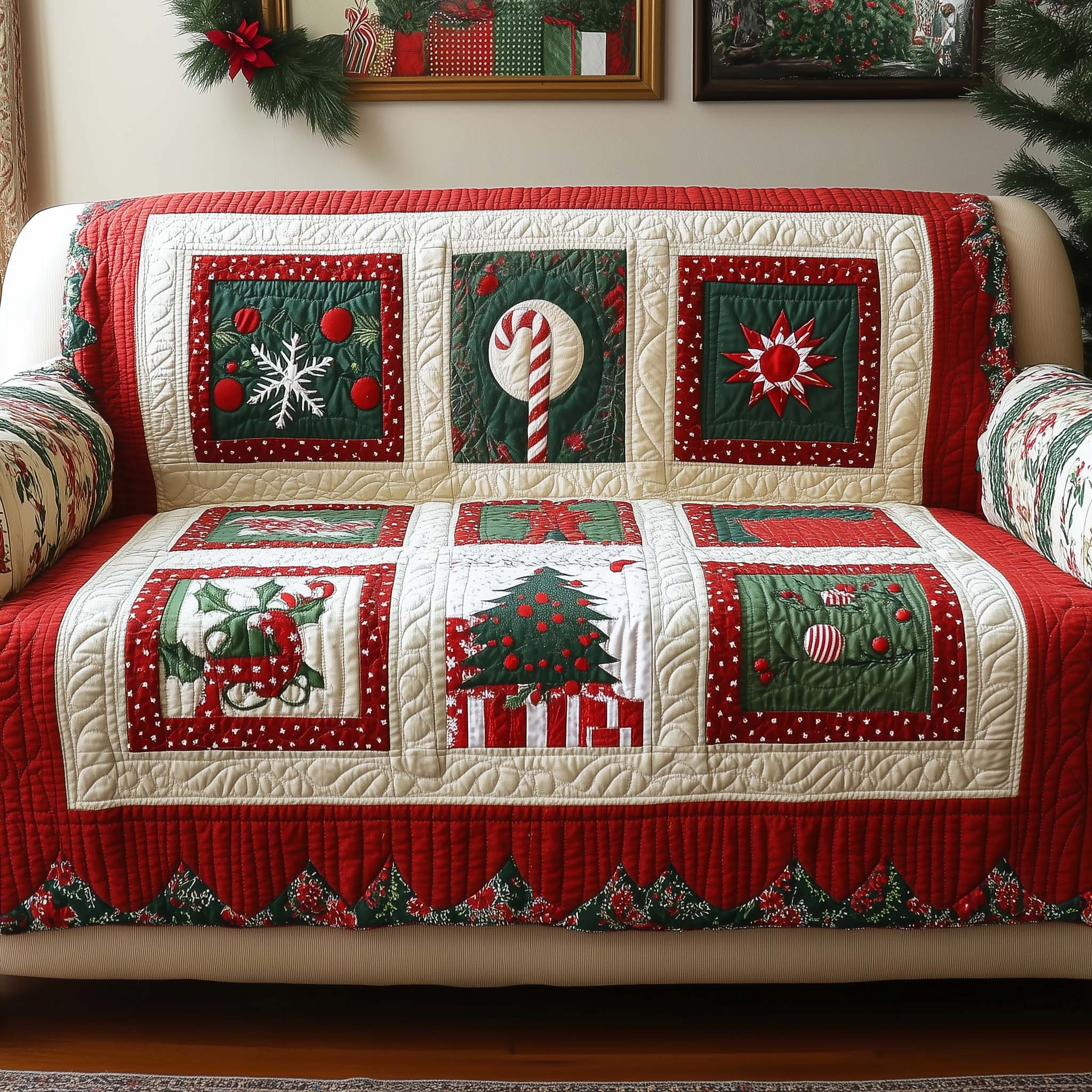 Candy Cane Quilted Sofa Cover Fall Halloween Decor For Sofa Couch