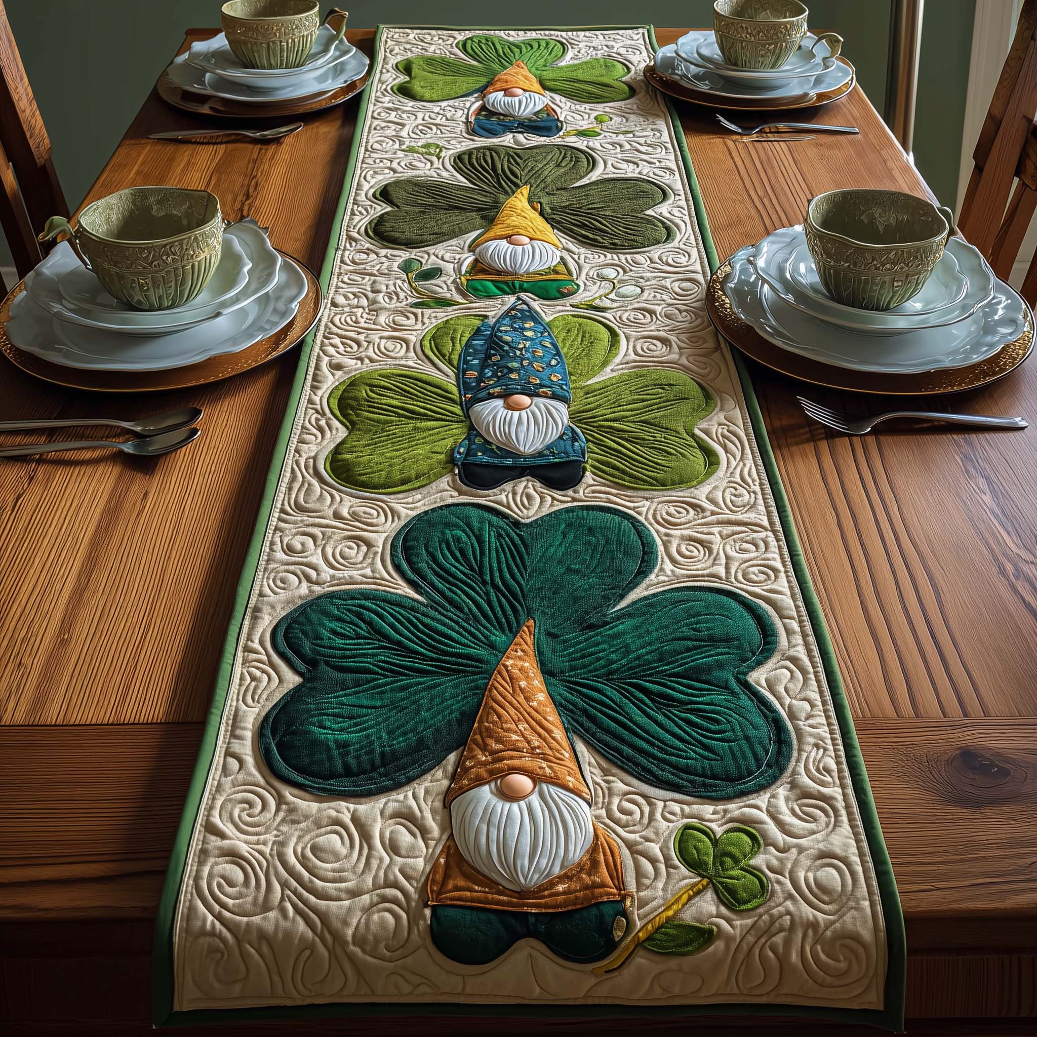 Clover Gnome Quilted Table Runner, Easter Table Runner, Spring Table Runner, Mother's Day Gifts
