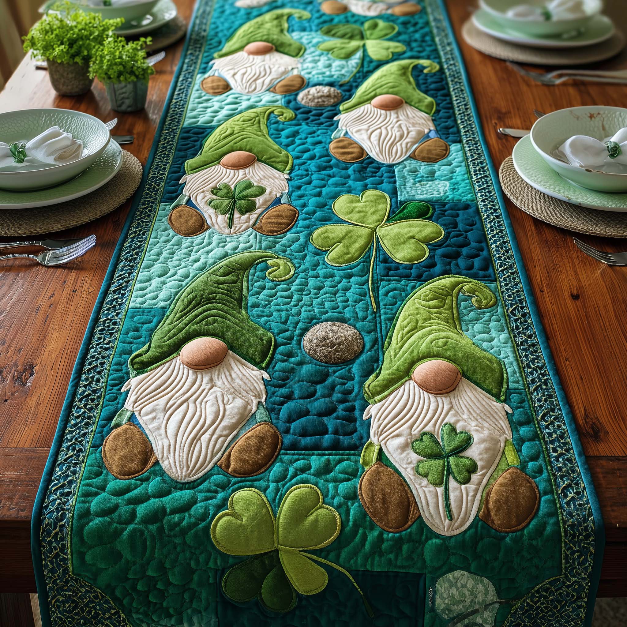 Lucky Gnome Quilted Table Runner, Easter Table Runner, Spring Table Runner, Mother's Day Gifts