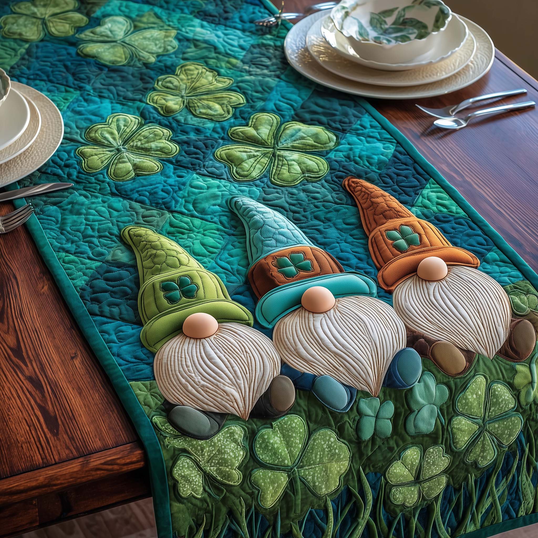 Emerald Gnome Quilted Table Runner, Easter Table Runner, Spring Table Runner, Mother's Day Gifts