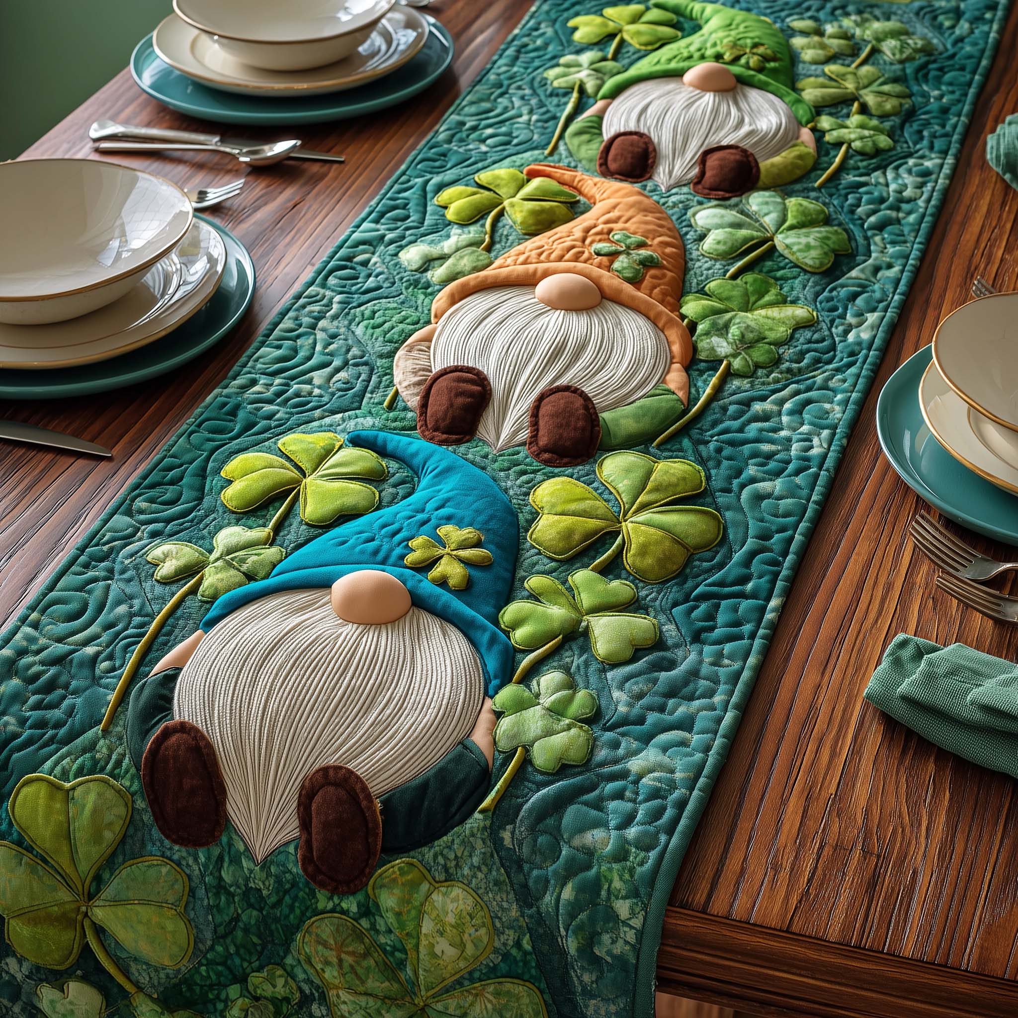 Meadow Gnome Quilted Table Runner, Easter Table Runner, Spring Table Runner, Mother's Day Gifts